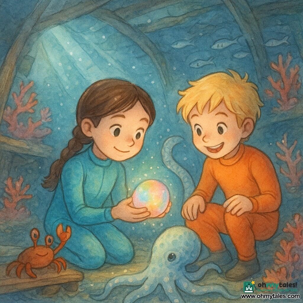Four characters: Maya, a 10-year-old girl with braided brown hair and curious eyes in a turquoise wetsuit, kneeling center in the ship’s hold holding a small multicolored-glowing "stone of echo"; Jonah, a 10-year-old boy with tousled blond hair and a mischievous smile in an orange wetsuit, crouched to Maya’s right tapping his knee; Kitty the crab, small with a rust-colored shell, perched on a wooden plank to the left raising a claw toward the stone; and a shy octopus with cream-and-blue spots and elegant tentacles behind the children, curling a tentacle protectively toward the stone. Setting: interior of a sunken wreck turned coral garden—worn wooden beams, pink and orange corals on the hull, schools of silver fish reflecting light, blue-green shafts of filtered water and rising bubbles. Main moment: the children discover and hold the glowing echo stone in the hold, its colored halos sparkling the coral and drawing the crab and octopus; gentle, curious, warm mood with light watercolor style and white highlights for water reflections and the stone’s glitter.
