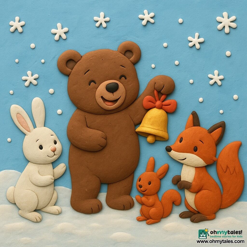 A small brown bear with soft, fluffy fur smiles joyfully, holding a sparkling golden bell attached to a red ribbon. Next to him, a red fox with a bushy tail looks on curiously, its eyes twinkling with mischief. A white rabbit with long ears and a shy gaze stands near the bear, its front paws slightly raised. A cheerful squirrel with reddish fur and a bushy tail claps enthusiastically. The scene takes place in a snowy clearing, where the snow glistens under a clear blue sky. Snowflakes dance around the characters, creating a magical and festive atmosphere.