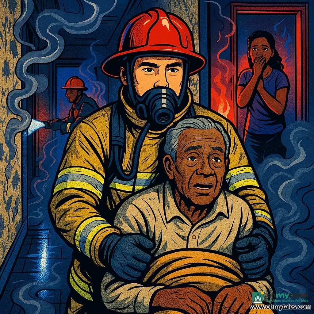 Main scene: a calm heroic rescue— a determined thirty-something firefighter in a shiny red helmet and soot-streaked yellow jacket carries a frail 75-year-old man out of a narrow, smoky apartment corridor while a young firefighter in the background aims a hose at a small orange-red kitchen flame and a 35-year-old woman stands at the door, hand to her mouth, tearful but relieved; torn floral wallpaper, wet linoleum, swirling gray smoke and stark white torchlight with red-and-blue emergency reflections, crisp details and vivid pop-art colors.