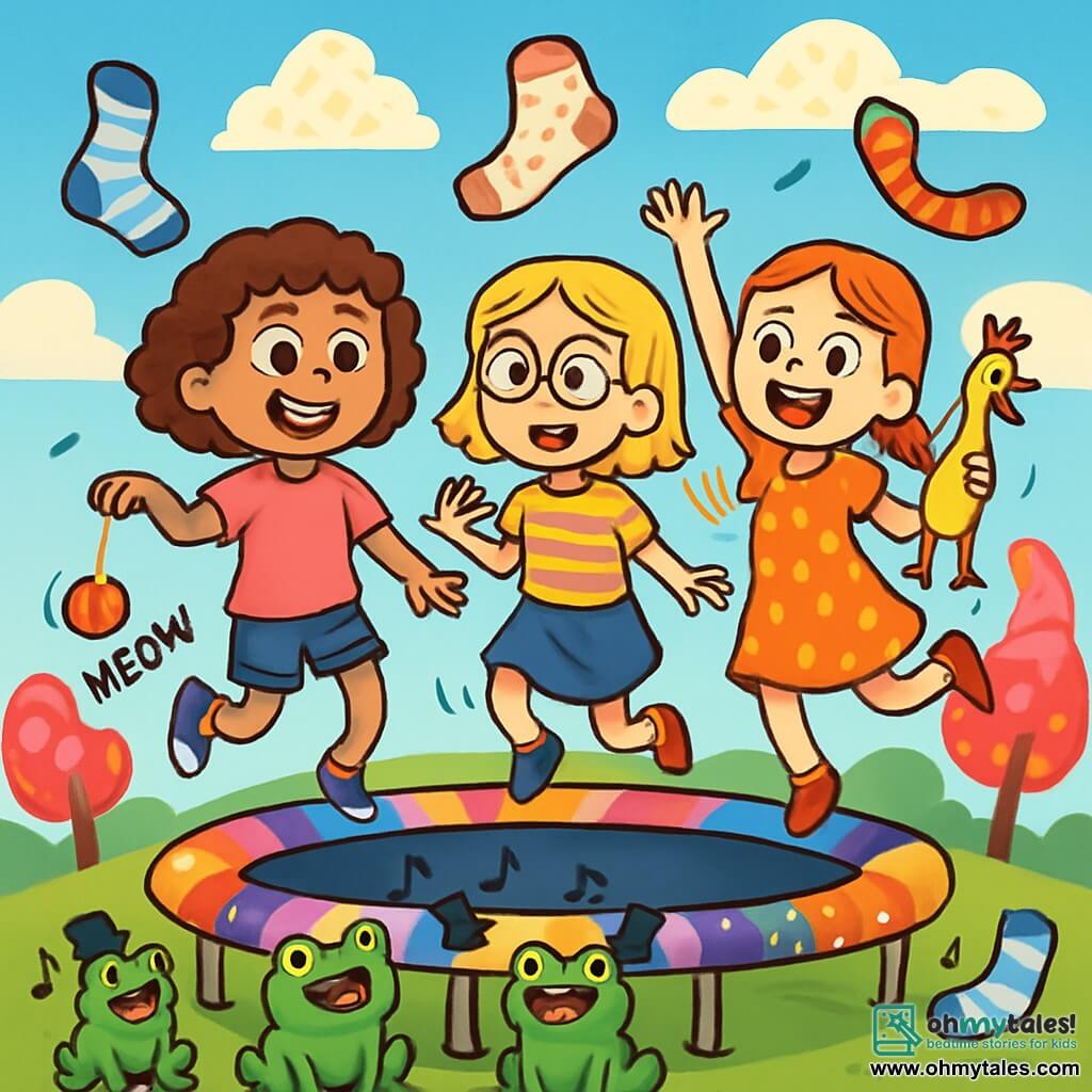 There are 3 characters: - Maggie: a 10-year-old girl with curly brown hair, wearing a pink t-shirt and denim shorts. She holds a meowing yo-yo and smiles enthusiastically. - Zoey: a 10-year-old girl with straight blonde hair, wearing glasses and a striped t-shirt. She looks curious and gazes around with sparkling eyes. - Lila: a 10-year-old girl with braided red hair, dressed in a polka dot dress and holding a squawking rubber chicken. She joyfully dances on a sock-shaped trampoline. The three friends are on a giant trampoline made of colorful socks, surrounded by a whimsical landscape with candy-shaped trees and a blue sky dotted with waffle-shaped clouds. The main scene shows the children jumping and laughing on the trampoline while a group of gum frogs wearing top hats watches them, singing a cheerful melody. Socks fly around them, creating a festive and absurd atmosphere.