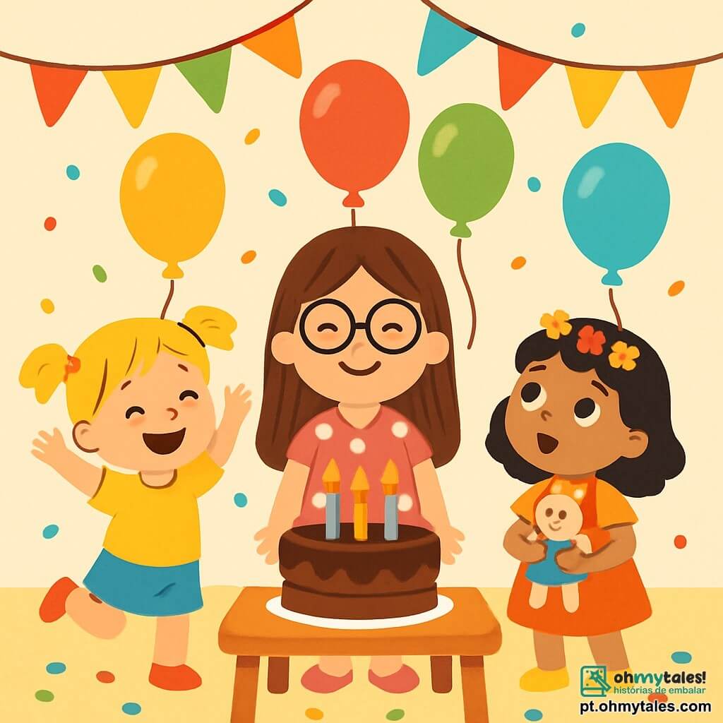 Há 3 personagens: - Maria: uma menina de 6 anos, com longos cabelos castanhos e óculos redondos. Ela usa um vestido rosa com bolinhas brancas e sorri alegremente, em pé no centro. - Ana: uma menina de 5 anos, com cabelos loiros em tranças e uma camiseta amarela. Ela dança entusiasticamente à esquerda de Maria, com os braços levantados. - Sofia: uma menina de 6 anos, com cabelos negros e uma pequena coroa de flores. Ela está à direita de Maria, segurando uma boneca nas mãos e olhando para os balões com admiração. O local é uma sala de festa decorada com balões coloridos flutuando no teto, uma grande mesa com um lindo bolo de chocolate decorado com velas brilhantes e guirlandas multicoloridas. Confetes estão espalhados pelo chão, adicionando um toque festivo. A situação principal mostra as três amigas celebrando o aniversário de Maria, cercadas de risadas e alegria, prontas para soprar as velas do bolo juntas.