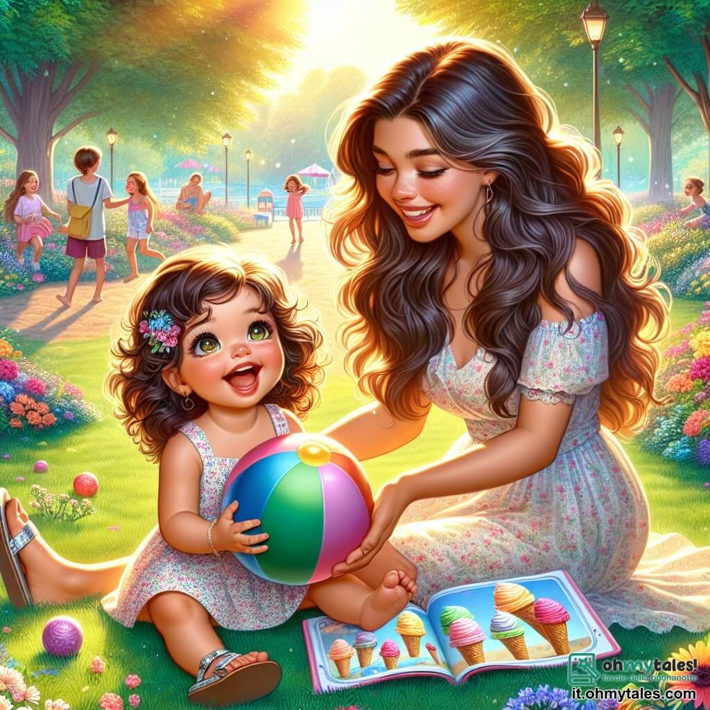 Una bambina di un anno, con grandi occhi brillanti e capelli ricci, sorride gioiosamente mentre gioca con un grande pallone colorato in un parco soleggiato. Indossa un vestito leggero a fiori e sandali. Accanto a lei, la mamma, una donna di circa 30 anni con capelli lunghi e castani, sorride teneramente mentre tiene un libro illustrato pieno di disegni di gelati. È seduta sull'erba verde, circondata da fiori colorati. Il parco è luminoso, con alberi maestosi e bambini che giocano in lontananza, creando un'atmosfera gioiosa e estiva. La bambina si diverte a far rotolare il pallone, ridendo, mentre la mamma le mostra le immagini del libro, evocando vacanze estive e gelati deliziosi.