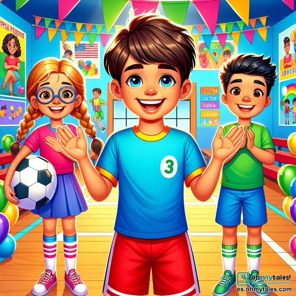 Un niño de 10 años, llamado Martín, con cabello castaño desordenado y una gran sonrisa, está de pie en el centro de un gimnasio decorado con globos de colores y pancartas. Lleva una camiseta azul brillante y un pantalón corto rojo, y parece entusiasta y decidido, levantando los brazos para animar a sus amigos. A su derecha, Paula, una niña de 9 años con trenzas rubias y gafas, está haciendo malabares con un balón de fútbol, mostrando una expresión concentrada pero alegre. A su izquierda, Hugo, un niño de 10 años con cabello negro y pecas, aplaude con una gran sonrisa, vistiendo una camiseta verde. El gimnasio está lleno de colores vivos, con carteles en las paredes que llevan mensajes sobre la igualdad, y un gran letrero al fondo que dice "Fiesta de Talentos". La escena principal muestra a Martín animando a sus amigos a participar en la demostración de talentos, celebrando la igualdad de género en un ambiente alegre y festivo, donde todos se sienten libres de mostrar sus habilidades, sean chicos o chicas.