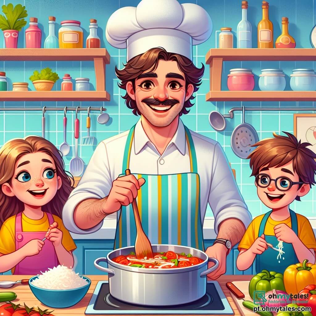 Um chef de cozinha, um homem de cerca de quarenta anos, sorridente e entusiasmado, com um chapéu branco e um avental colorido, está no centro da cozinha. Ele tem cabelos castanhos levemente cacheados e olhos brilhantes de alegria. Ele está misturando tomates frescos em uma grande panela, exalando um cheiro apetitoso. Ao lado dele, uma menina de 10 anos, Ana, com cabelos longos e castanhos, vestindo uma camiseta amarela, observa atentamente e segura uma colher de pau, pronta para provar a mistura. Um menino de 9 anos, João, com óculos e um largo sorriso, está um pouco afastado, segurando uma tigela de queijo ralado, ansioso para adicionar à receita. A cena ocorre em uma cozinha iluminada e acolhedora, com paredes pintadas de azul pastel, prateleiras cheias de especiarias coloridas e legumes frescos dispostos sobre a bancada de madeira. A luz do sol entra por uma grande janela, iluminando o espaço. Nessa situação, o chef e as crianças preparam juntos um delicioso prato de espaguete, rindo e compartilhando sua paixão pela cozinha, criando uma atmosfera alegre e amigável.