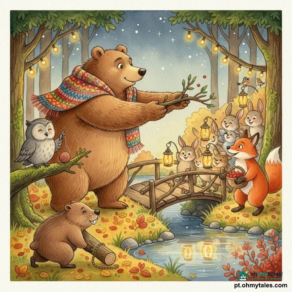Um grande urso-pardo chamado Beto, de pelagem macia e olhar sorridente, usa um xale colorido e estende os braços para colocar um galho numa pequena passarela quebrada; à esquerda, a coruja cinzenta Lila, de olhos arredondados, empoleirada num ramo, segura um trabalho de lã e sorri; em primeiro plano um castor-marrom empurra um tronco para estabilizar a passarela, e à direita uma raposa ruiva com olhar malicioso segura uma cesta de bagas e ajuda com cordas; do outro lado da passarela, coelhinhos e pássaros impacientes seguram lanternas de pinha; o cenário é uma clareira arborizada ao crepúsculo, folhas amareladas e avermelhadas no chão, um pequeno lago refletindo lanternas e estrelas, troncos cobertos de musgo e guirlandas de luz — todos reparando a passarela juntos durante a festa de Ano Novo, atmosfera calorosa e festiva, paleta aquarela de tons quentes.