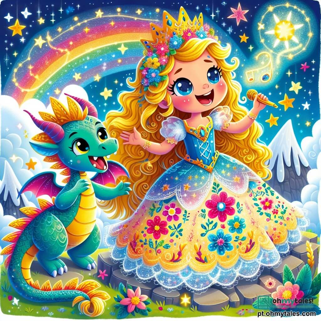 A princesa Estrelinha, uma menina de cerca de 10 anos, tem longos cabelos dourados que brilham como estrelas. Ela usa um vestido radiante decorado com padrões de flores coloridas, e seu rosto expressa uma determinação alegre enquanto canta com entusiasmo. Ao seu lado está Luminoso, um dragão amigável de cerca de 5 anos, com escamas brilhantes de cor turquesa e olhos cintilantes de travessura. Ele bate suavemente as asas, pronto para ajudá-la, e sorri com bondade. A cena acontece no topo de uma montanha do reino, onde um céu estrelado se estende no horizonte. Nuvens fofas flutuam ao redor deles, e um arco-íris radiante ilumina a paisagem, criando uma atmosfera mágica. Nesta ilustração, Estrelinha canta uma doce melodia para despertar o sol adormecido, enquanto Luminoso a encoraja com faíscas de magia que dançam ao seu redor.