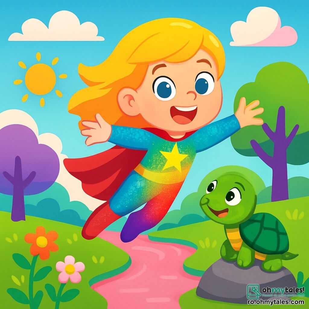 Super-Lumina, o fată cu părul auriu strălucitor și ochi albaștri ca cerul, zboară în aer cu un zâmbet larg, brațele deschise ca și cum ar îmbrățișa vântul. Ea poartă un costum sclipitor în culorile curcubeului, care strălucește sub soare. Lângă ea, micuța Țestoasa Giumbușlucă, o broască țestoasă cu carapace verde și ochi jucăuși, o admiră pe Super-Lumina, stând pe o piatră lângă un râu roz. În fundal, Parcul Veseliei este plin de copaci cu trunchiuri violet, flori dansante și nori în formă de bomboane, creând o atmosferă magică. Super-Lumina o caută pe Giumbușlucă, care a dispărut, și examinează peisajul cu hotărâre, pregătită să rezolve misterul.