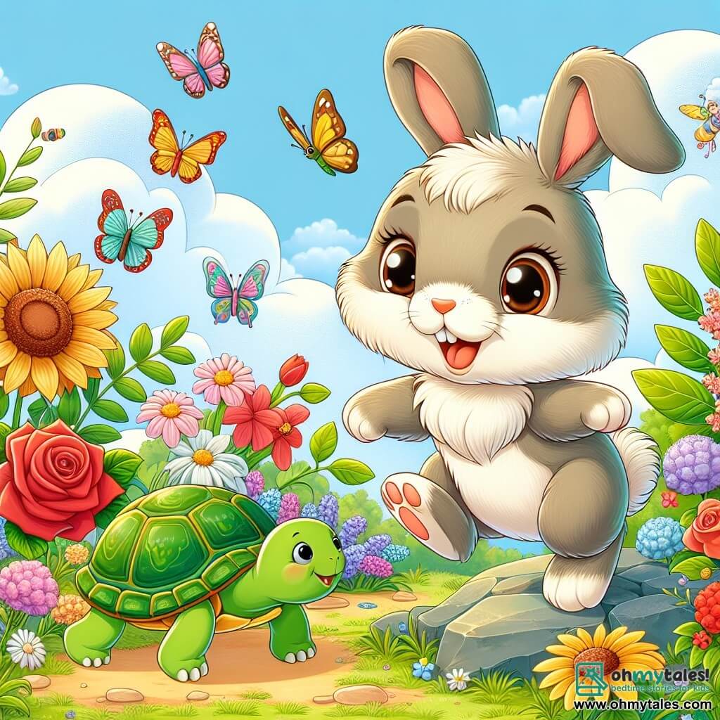 An illustration depicts a small male rabbit with soft, silky fur and long, floppy ears, showing great curiosity as he joyfully hops in a colorful garden surrounded by bright flowers and fluttering butterflies. Nearby, a female turtle with a shiny green shell and mischievous eyes watches her friend with a kind smile, sitting on a stone and enjoying fresh foliage. The enchanting garden is filled with vibrant flowers, including red roses, yellow sunflowers, and delicate violets, with sunlight filtering through the tree leaves, creating a warm and welcoming atmosphere. The main scene shows the little rabbit sharing his discoveries about happiness with his turtle friend, both radiating joy and friendship while birds sing in the branches above. Other graphic elements include fluffy clouds in a light blue sky, colorful insects fluttering around the flowers, and a gentle breeze making the petals dance, adding a touch of magic to this scene of camaraderie and sharing.