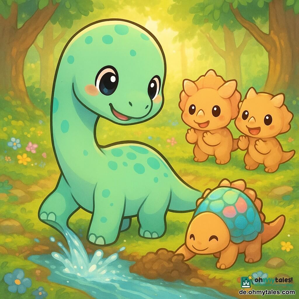 Ein rundlicher Diplodocus namens Lino, pastellgrün mit türkisfarbenen Flecken, große glänzende Augen, entschlossener fröhlicher Ausdruck, gräbt mit seinem langen, bogenförmig geschwungenen Hals und der langen Schwanzrück einen Kanal, durch den kristallklares Wasser fließt; der kleine Ankylosaurus Taro mit irisierender, bunter Panzerung schiebt mit dem Schwanz Erde neben dem Kanal; zwei neugierige Babyticératops mit kurzen Hörnern und rosigen Backen hüpfen und klatschen am Ufer; Schauplatz: eine geheime Lichtung mit knorrigen Riesebäumen, buntem Blumen- und Moosteppich und feuchten, funkelnden Steinen im goldenen Morgenlicht; Szene: dynamisch und optimistisch, Quelle sprudelt in den frisch gegrabenen Kanal, spritzende, schimmernde Blasen und Reflexe, warme kooperative Stimmung, sanfte helle Farbpalette, klare Linien, weiche Kontraste, chibi-kawaii-Stil, Komposition zentriert auf Lino und die Wasserbewegung.