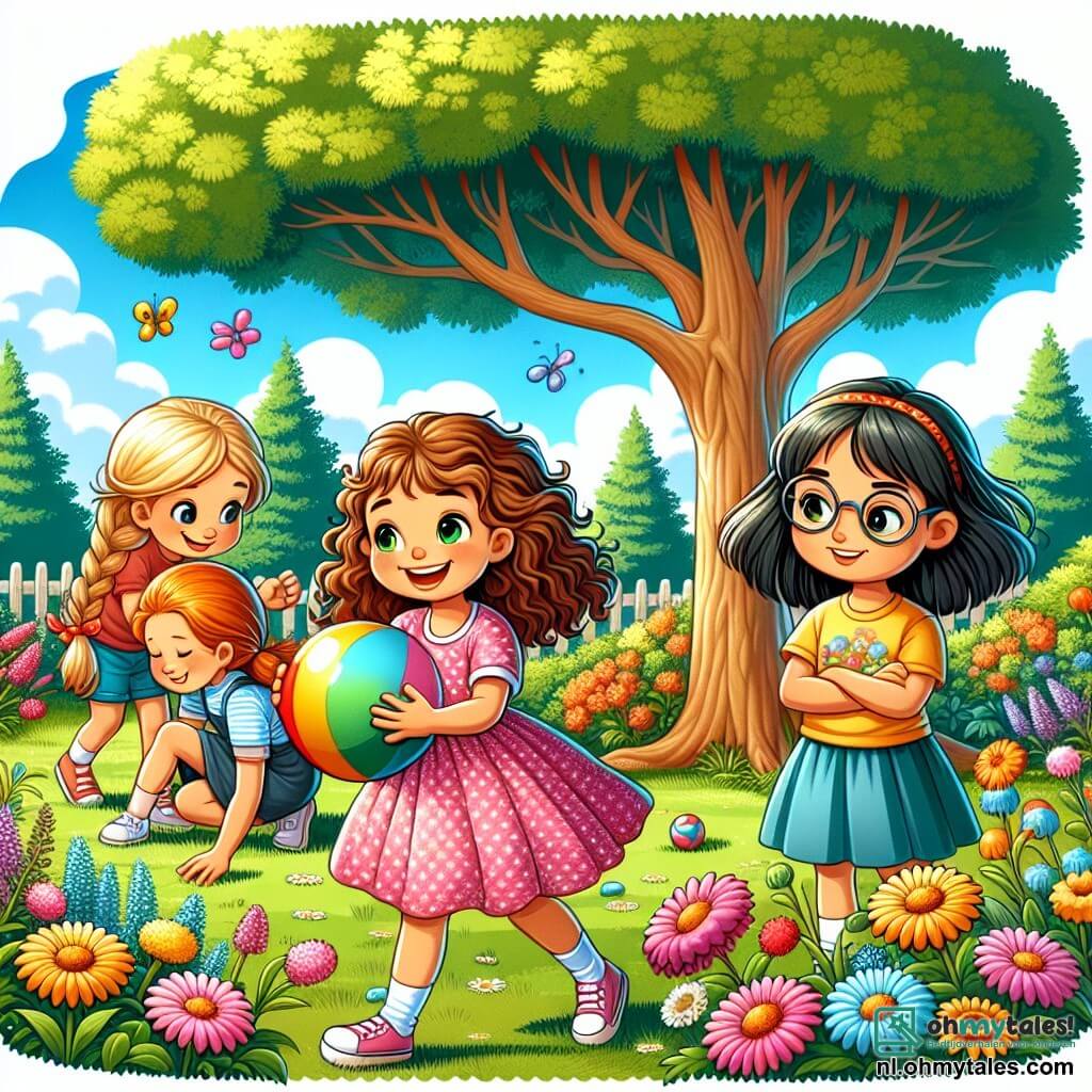 Vier meisjes, van 8 tot 9 jaar oud, zijn samengekomen in een zonnige tuin. Lina, een meisje met bruin, krullend haar, draagt een roze jurk met witte stippen en houdt een kleurrijke bal in haar handen, lachend. Emma, met gevlochten blond haar en een gele t-shirt, rent naar Lina met open armen, klaar om de bal te vangen. Sara, met steil, rood haar, draagt een blauwe rok en hurkt bij de bloemen, op zoek naar de bal die is weggerold. Noa, met zwart haar en een bril, staat bij een boom en observeert aandachtig de grond. De tuin is gevuld met kleurrijke bloemen, grote groene bomen en een goed onderhouden gazon, onder een heldere blauwe lucht met enkele witte wolken. In het midden biedt een grote boom schaduw en zingen vogels in de takken. De belangrijkste situatie toont de vier vriendinnen die samen de bal zoeken die is weggerold en zich heeft verstopt tussen de bloemen, wat het belang van vriendschap en samenwerking benadrukt.