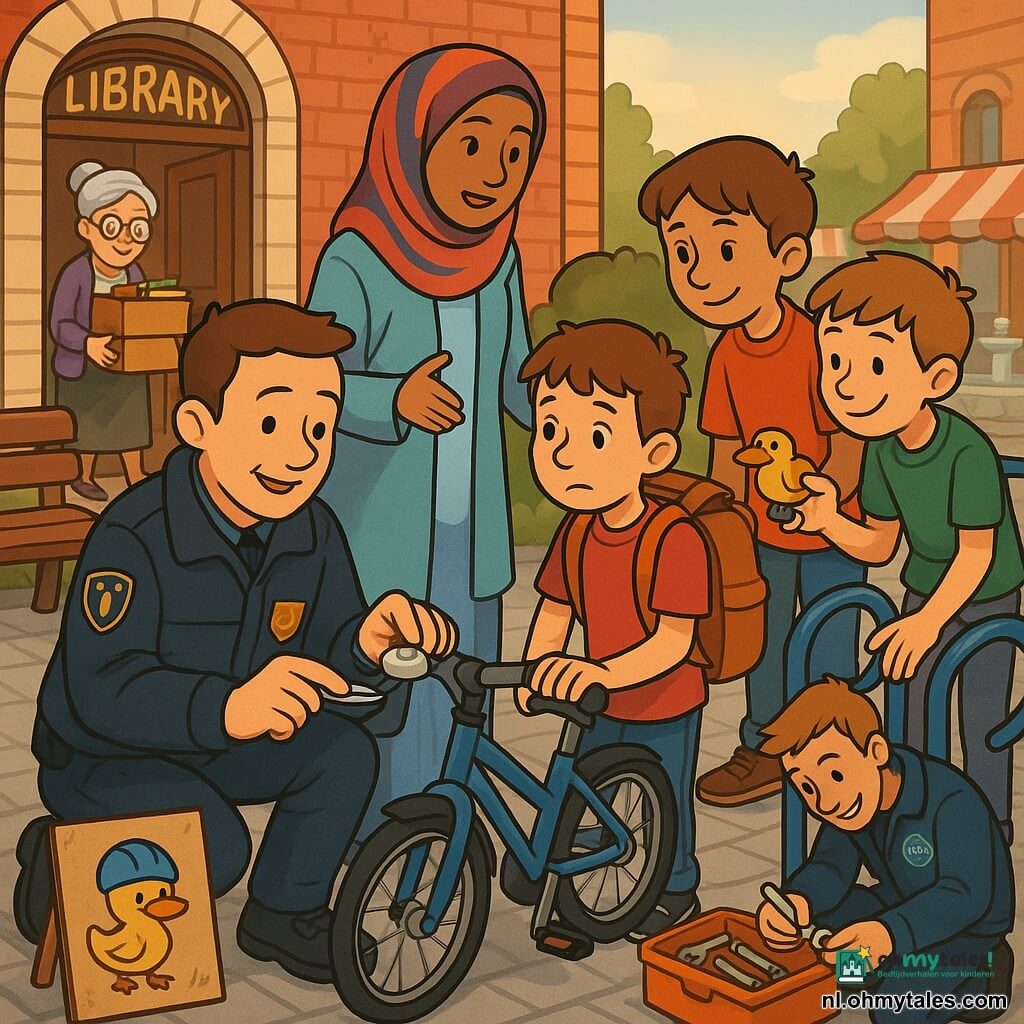 Een vriendelijke agent Daan knielt bij een blauw fietsenrek voor een bakstenen bibliotheek en repareert voorzichtig een bel aan Milo's fiets; agente Samira met kleurrijke hijab staat erbij en praat geruststellend met de kinderen; Milo, ongeveer 10 jaar, kijkt opgelucht maar nog wat bezorgd en houdt zijn te grote rugzak vast; Tim en Rens, ook ongeveer 10, staan schuldig maar berouwvol naast het rek, één met een gele vogelvormige bel en de ander die zijn gereedschap opbergt; de vrijwilliger Joris met een "Fietsfix"-badge draait een schroef vast uit een open gereedschapskist; mevrouw Noor, de oudere bibliothecaresse met grijs haar en bril, draagt dozen en stiften vanuit de bibliotheekingang; op de achtergrond vage marktstallen, een fontein en een houten bank, middaglicht en een kartonnen bord met een tekening van eendje met helm naast het rek.