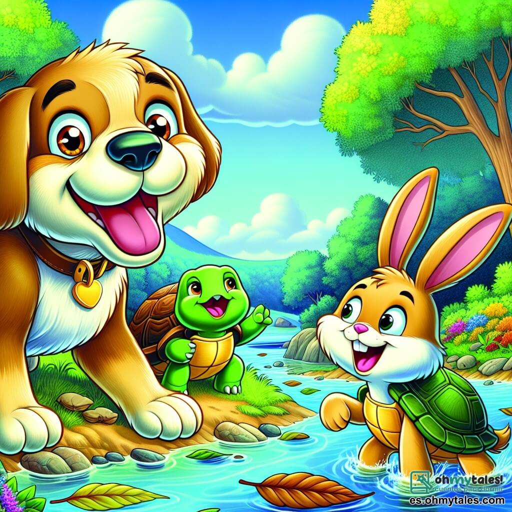 Un perro alegre llamado Toby, con un pelaje dorado brillante y ojos chispeantes, está al borde de un lago claro, sonriendo y listo para saltar de alegría. A su lado, una tortuga sabia llamada Tula, con un caparazón verde y ojos dulces, lo anima sonriendo, mientras un pequeño conejo llamado Ramón, con grandes orejas y pelaje marrón, se afana en recoger hojas para limpiar el lago. Al fondo, se extiende un bosque frondoso, con majestuosos árboles y flores coloridas que bailan al viento. La escena irradia camaradería y aventura, mientras los amigos trabajan juntos para salvar su preciado lago, símbolo de su amistad y determinación.