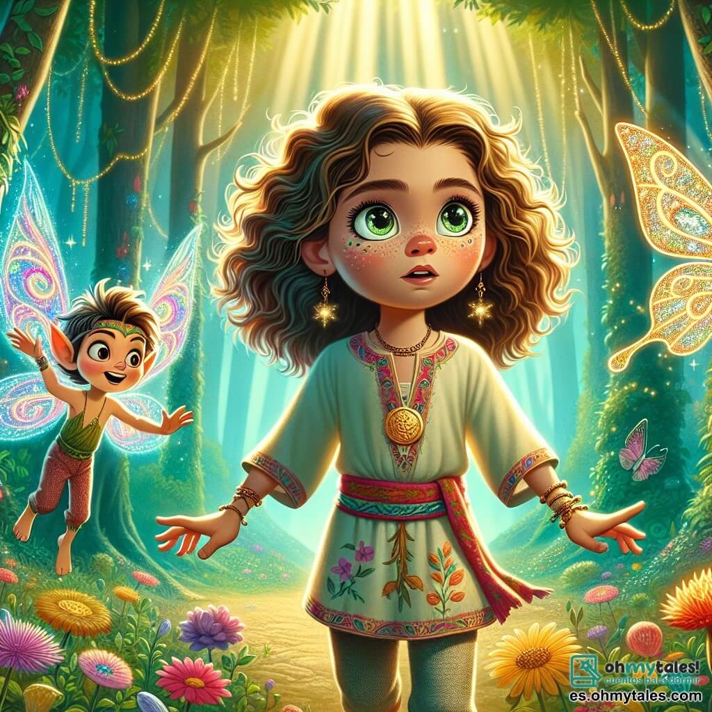 Una niña de 12 años, llamada Luna, se encuentra en el centro de la imagen, con cabello rizado y brillante que cae en cascada alrededor de su rostro, y ojos que brillan como estrellas. Lleva una túnica colorida con motivos florales y un pantalón de tela, mostrando una expresión decidida y maravillada mientras sostiene un medallón dorado en su mano. A su lado, un pequeño duende llamado Flick, de aproximadamente 8 años, con alas de mariposa translúcidas y una gran sonrisa traviesa, vuela alegremente alrededor de Luna, moviendo sus pequeñas manos con entusiasmo. El escenario es un bosque encantado, con árboles altos y majestuosos, hojas verdes brillantes y flores coloridas que parecen bailar al ritmo del viento. Rayos de luz se filtran a través del follaje, creando una atmósfera mágica y luminosa. La situación principal muestra a Luna y Flick preparándose para entrar en una cueva brillante, donde piedras preciosas relucen como estrellas, simbolizando el comienzo de su gran aventura para salvar el reino de Zafiro.