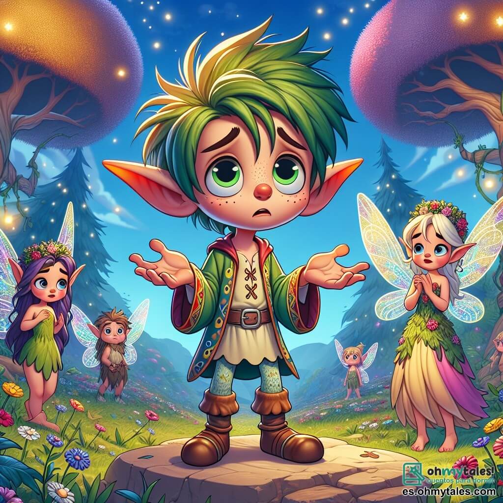 Un duende travieso llamado Tico, con orejas puntiagudas y cabello verde desordenado, muestra una expresión de arrepentimiento en su rostro. Lleva una túnica colorida adornada con flores y está de pie sobre una piedra, levantando los brazos como señal de disculpa. A su lado, Lila, una pequeña hada con alas brillantes y cabello dorado, mira a Tico con una sonrisa tímida, mientras sostiene una guirnalda de flores en sus manos. El escenario se sitúa en un claro encantado, rodeado de árboles de troncos multicolores y flores que parecen bailar al ritmo del viento, bajo un cielo azul salpicado de nubes esponjosas. La escena está llena de luz y magia, con estrellas que comienzan a brillar suavemente en el horizonte. La situación principal muestra a Tico disculpándose sinceramente ante Lila y un grupo de otras criaturas fantásticas, mientras preparan juntos una fiesta para celebrar su amistad recuperada.