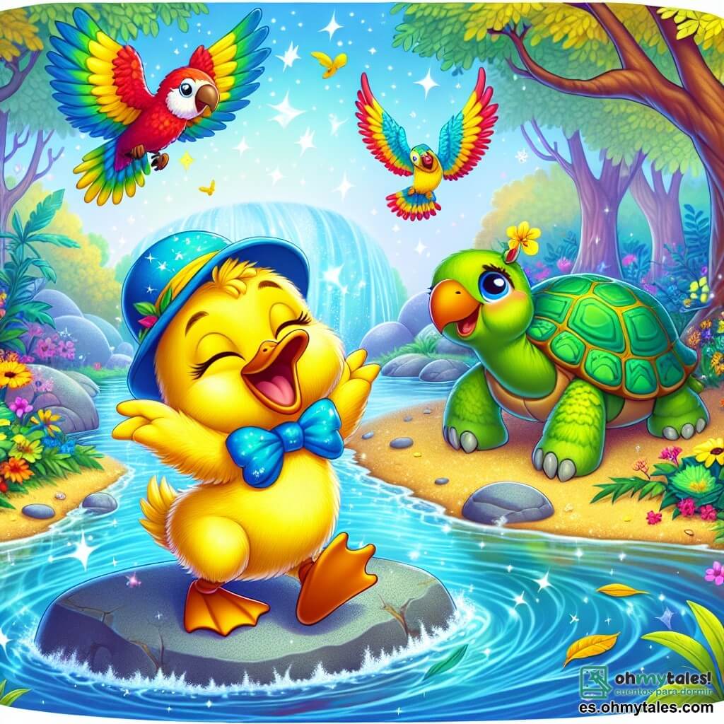 Un pato llamado Pipo, con un plumaje amarillo brillante y un pequeño sombrero azul, expresa gran alegría con una amplia sonrisa, saltando sobre una piedra al borde de un arroyo. A su lado, un loro colorido llamado Lolo, con plumas verdes y rojas, vuela en círculos, riendo y animando a Pipo a bailar. Al fondo, una tortuga sabia llamada Tula, con un caparazón verde y ojos brillantes, los observa con una sonrisa benevolente, sentada sobre una hoja gigante. El escenario es un bosque encantado, lleno de árboles de colores vivos, flores brillantes y un arroyo que serpentea por el paisaje. La escena principal muestra a Pipo y Lolo bailando alegremente al borde del arroyo, celebrando su amistad y aventura, rodeados de la belleza de la naturaleza.