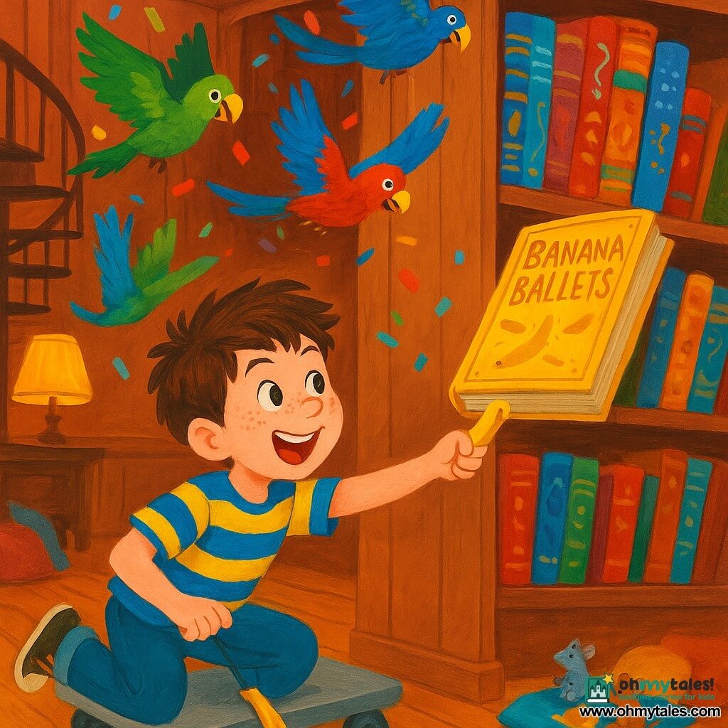 An 8-year-old boy with messy brown hair, sparkling eyes and freckles, wearing a blue-and-yellow striped t-shirt and jeans, lies on a gray wheeled cart reaching to pull a banana-shaped lever under a high shelf as colorful parrots (green, blue and red) fly around him, tossing bookmarks like confetti; a giant varnished wooden shelf of shiny, whimsical books slowly rotates and a golden book titled "Banana Ballets" slides toward his knees in a warm, wood-paneled library with spiral stairs and soft lighting, the scene bright and joyful with the boy's triumphant expression.
