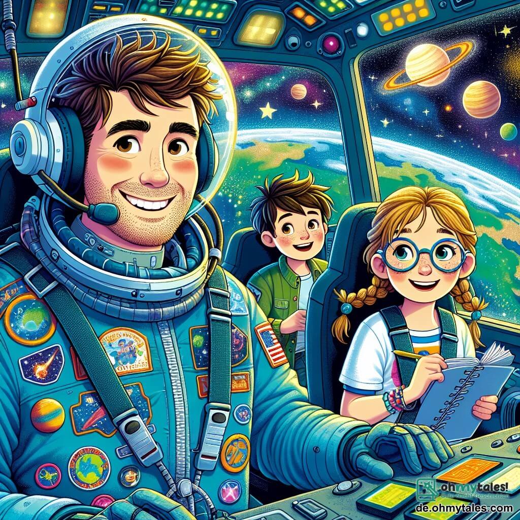 Ein Mann, Max, ein erfahrener Pilot, steht im Mittelpunkt des Bildes mit einem breiten Lächeln auf seinem Gesicht. Er hat leicht zerzauste braune Haare, trägt einen blauen Raumanzug mit bunten Abzeichen und steht vor dem Cockpit seines Raumschiffs, die Hände an den Steuerungen, bereit zum Abheben. Neben ihm steht ein Mädchen namens Lisa, etwa 10 Jahre alt, mit geflochtenen blonden Haaren und runden Brillen, das mit staunenden Augen durch das Fenster schaut. Ein Junge namens Tim, ebenfalls 10 Jahre alt, mit braunen Haaren und einem T-Shirt mit Planetenmotiven, hält ein Notizbuch in den Händen und notiert konzentriert alles, was er sieht. Das Raumschiff befindet sich im Orbit um einen wunderschönen Planeten mit lebhaften Farben, türkisfarbenen Ozeanen und grünen Kontinenten, unter einem sternenklaren Himmel mit bunten Nebeln. Die Hauptsituation zeigt Max und die Kinder, die sich auf die Erkundung des Universums vorbereiten, während das Raumschiff auf eine geheimnisvolle leuchtende Gaswolke zusteuert, die ein Abenteuer voller Entdeckungen und Überraschungen verspricht.