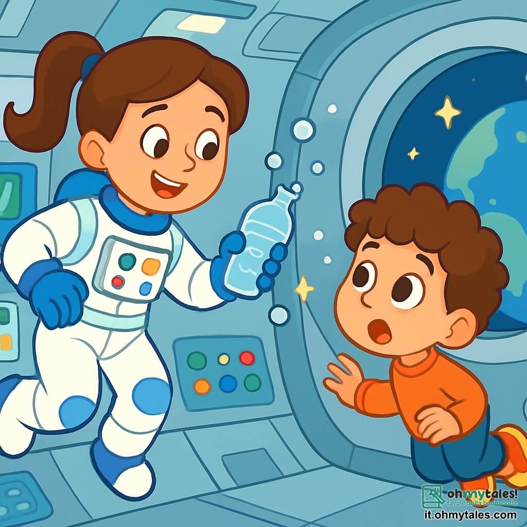 Un'astronauta sorridente, Nina, è una donna dai capelli castani raccolti in una coda di cavallo, indossa una tuta spaziale bianca con accenti blu. I suoi occhi brillano di eccitazione mentre fluttua nella stazione spaziale, circondata da pannelli di controllo luminosi e pulsanti colorati. Accanto a lei, un ragazzo di 7 anni, Leo, ha grandi occhi curiosi e capelli ricci. Guarda con meraviglia attraverso un grande oblò, dove si vedono stelle scintillanti e la Terra blu. La scena si svolge all'interno di una stazione spaziale futuristica, con muri argentati e luci soffuse, piena di schermi e strumenti scientifici. Nina mostra a Leo come bere acqua in assenza di gravità, mentre gocce d'acqua fluttuano intorno a loro, creando un'atmosfera magica e giocosa.