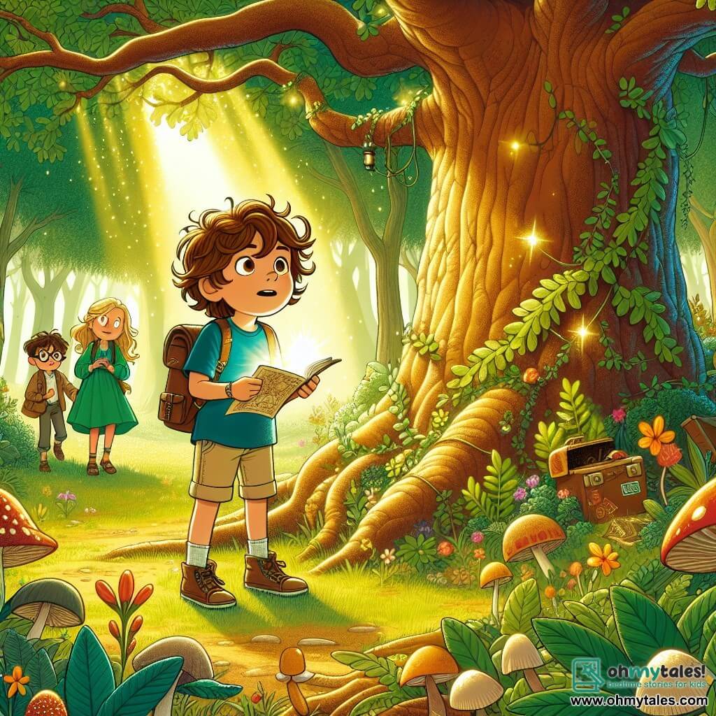 A 9-year-old boy, Oliver, with tousled brown hair and sparkling curious eyes, stands in front of a majestic oak tree. He wears a blue t-shirt and beige shorts, with a small backpack filled with adventure tools. His face shows palpable excitement as he examines an ancient map, his brows furrowed in concentration. Next to him, Mia, a 9-year-old girl with long curly hair, wearing a green dress and sandals, looks at the oak in wonder. She holds a flashlight, ready to explore. Max, a 10-year-old boy with glasses and a red t-shirt, bends down to pick up a shiny stone, his face lit up by the discovery. The scene takes place in an enchanted forest, where sunlight filters through the leaves, creating golden patterns on the ground. Colorful flowers and strange mushrooms dot the lush landscape, adding a touch of magic. The main situation shows Oliver, Mia, and Max in the midst of exploration, discovering an ancient oak that seems to hide secrets, with the mysterious map unfolded before them, ready for an unforgettable adventure.
