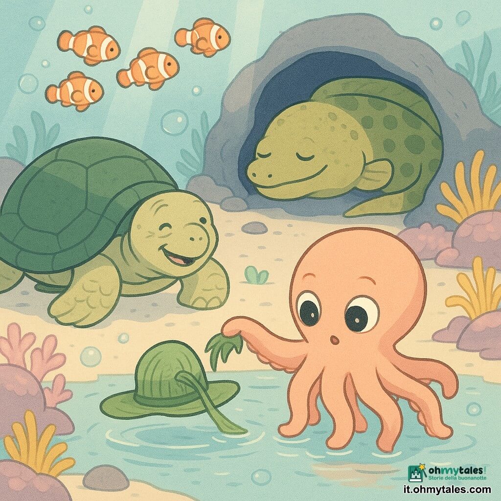 Pippo, piccolo polpo rotondo e carino con grandi occhi brillanti e tentacoli corallo chiaro, usa un tentacolo per afferrare delicatamente un cappello di alghe che scivola sull'acqua; la signora Tartaruga, vecchia tartaruga dalla larga corazza verde scuro con macchie ocra, sorridente e sollevata, è a sinistra; sullo sfondo una murena verde macchiata di marrone dorme arrotolata all'ingresso di una caverna; un piccolo banco di pesci pagliaccio arancioni e bianchi forma un semicerchio sopra, ammirato; il fondale è chiaro con rocce ricoperte di coralli rosa e viola, anemoni gialle, bolle e un raggio di luce bluastra; atmosfera tenera e silenziosa, colori pastello, forme arrotondate ed espressioni rassicuranti.