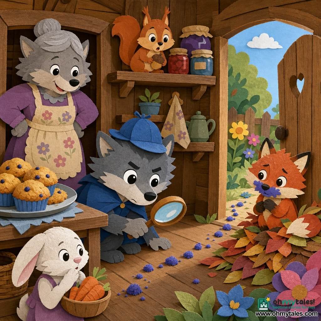The main character is a childlike little gray wolf with soft fur, big shiny round eyes and furrowed brows, wearing a small blue detective hat and holding a wooden magnifying glass, crouched by a plate of golden muffins while examining a trail of blue crumbs; Grandmother Wolf stands to the left, a warm elderly she-wolf in a floral apron with gray hair in a bun, smiling with hands on her hips in the kitchen doorway; a red fox cub with a blueberry-stained muzzle, looking guilty but shy, sits among a pile of leaves near the garden door; a bright-eyed squirrel with a bushy tail holds a hazelnut on a high shelf, curious and surprised; a small white bunny with floppy ears and a bowl of carrots stands by the table, intrigued and attentive; the setting mixes a cozy wooden rustic kitchen with jars on shelves, a low shelf holding a plate of muffins, and an open door to a sunny garden with colorful flowers, leaves and the blue-crumb trail; the scene is a simple visual "investigation" of the wolf following the crumbs from the muffins to the surprised fox, soft mood, vivid colors, strong contrasts and layered paper-cut style.