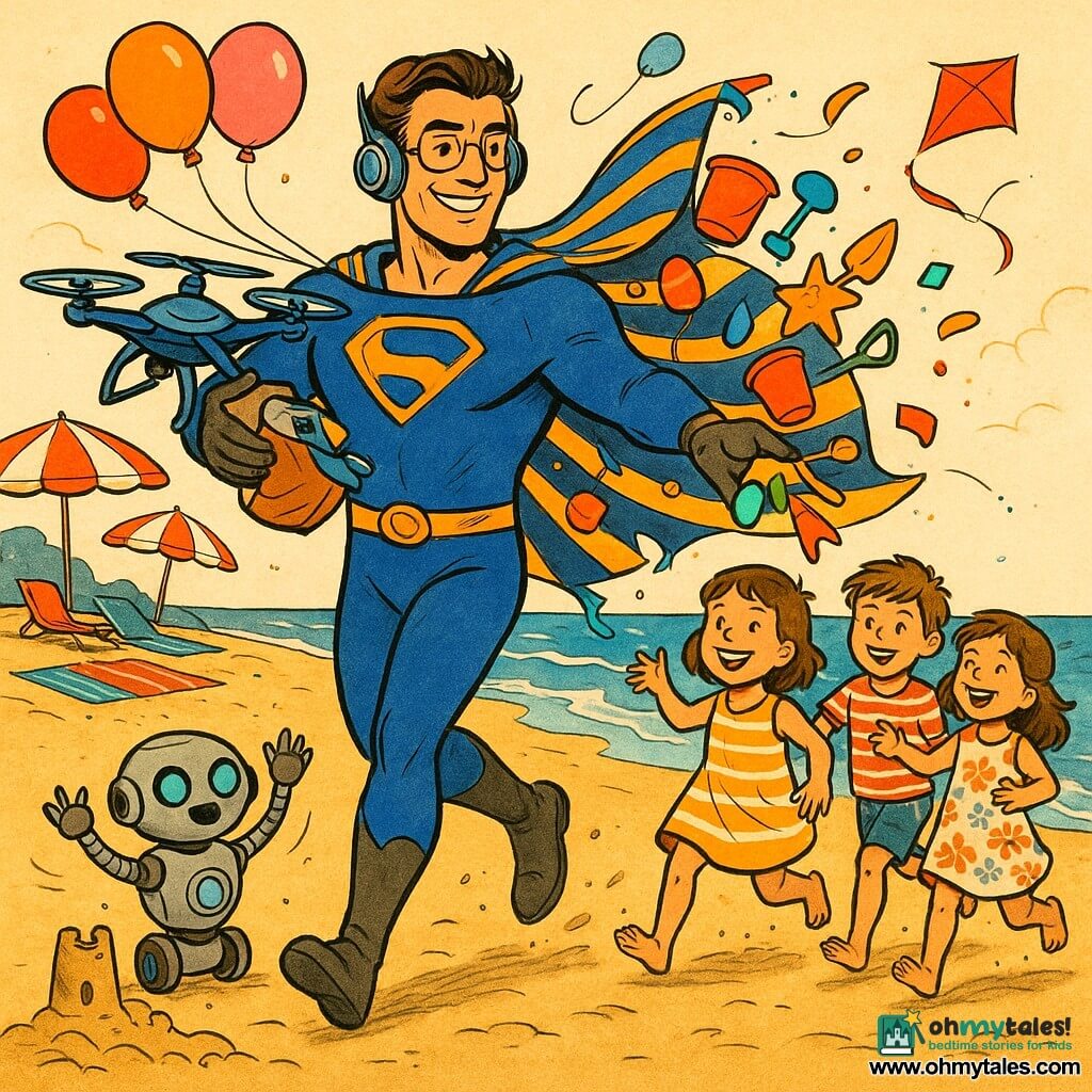 A smiling, confident superhero in his thirties with a bright blue cape striped in gold, fitted costume and satellite earbuds holds a deactivated drone under his arm and hands out colorful beach toys; a small silver robot named Gizmo with turquoise LEDs rolls at ankle height beside him, arms raised as if applauding; three children (about 8, 7 and 6) in summer striped and floral clothes run with outstretched hands and sand flying to retrieve balls, buckets, spades and a red kite gently falling from the hero’s cape on a sunny golden-sand beach with multicolored towels, red-and-white striped umbrellas, blue waves and a partially repaired sandcastle, the scene radiating joyful, summery motion and laughter.