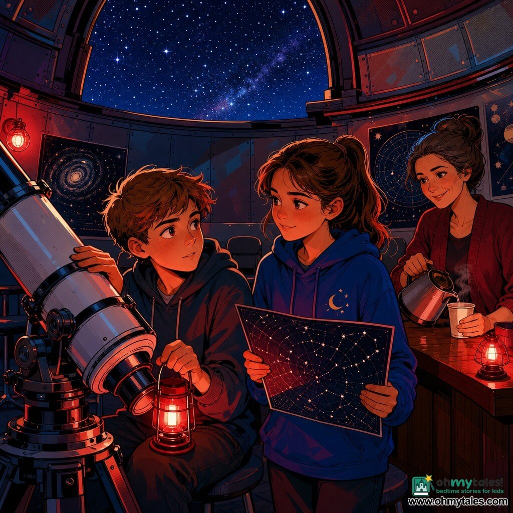 A relaxed but slightly tense 12-year-old boy with short light brown hair and curious eyes sits by a large white metal telescope, one hand on the tube and the other holding a small red lamp; Lina, about 12, in a blue hoodie with a small embroidered moon and brown hair in a ponytail, stands beside him with a star chart, casting a soft red glow; Ms. Rivera, ~40, warm-faced with dark gray hair in a bun and a kind smile, stands in the background by a wooden desk pouring tea into a paper cup and watching the children; the small round observatory has an open dome showing a starry sky, polished metal walls, semicircle chairs and star posters, main lights off except for dim red lamps, creating a peaceful, focused, night-time atmosphere as the children share the telescope.