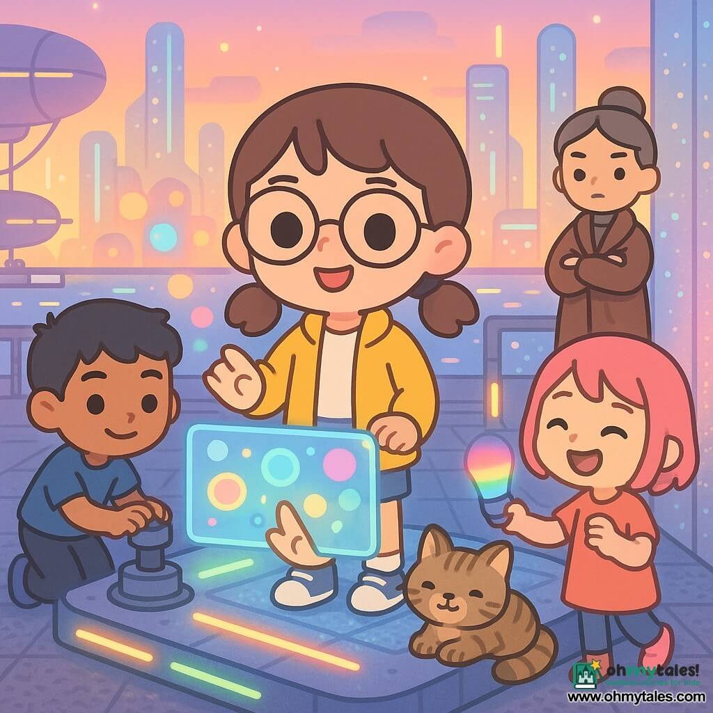 A joyful, proud 10-year-old girl with brown pigtails and round glasses in a bright yellow jacket activates a large holographic panel at the center of a floating structure; nearby Amir, a smiling focused 10-year-old with tan skin and a blue T-shirt, adjusts a levitation motor on the platform's left, while Zoe, about 9–11, curious with short pink hair, holds a multicolored LED near a shimmering aluminum wall to the right; Captain Reed, ~40, serious but moved, gray hair in a bun and a long brown coat, watches with crossed arms from the docks, and a purring tabby cat, Nimbus, rests by the main girl's feet. The scene: a sunset floating-dock opening with phosphorescent glass towers, moored airships with glowing lines, colorful holographic panels, metallic textured tiles and levitating platforms, children laughing, softly floating structures, a festive tech atmosphere in pastel tones with neon accents. Visual style: kawaii minimal, rounded shapes, clean lines, pastel palette with neon highlights, clear readable composition for 10-year-olds.