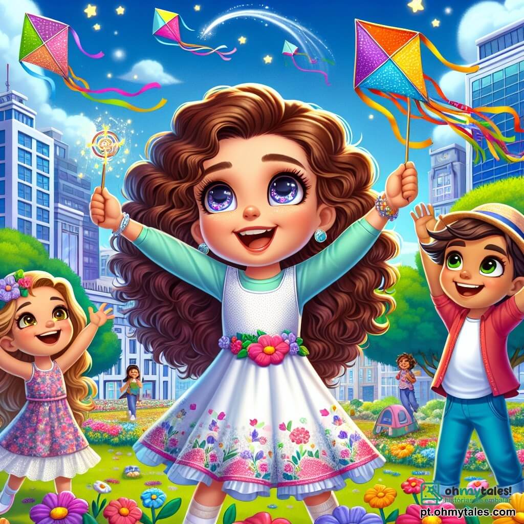 Uma menina de 6 anos, Sofia, com longos cabelos cacheados e olhos brilhantes, está no centro da imagem, sorridente e deslumbrada, segurando uma pipeta mágica que faz dançar pipas coloridas no céu. Ao seu lado, sua melhor amiga Mia, também de 6 anos, tem cabelos lisos e veste um vestido florido, levantando os braços para o alto, rindo de alegria diante do espetáculo. Um menino de 7 anos, João, com um chapéu divertido e uma roupa colorida, está um pouco atrás, segurando uma varinha mágica, observando as pipas dançarem com um sorriso orgulhoso. O cenário é um parque urbano vibrante, com árvores de folhas verdes brilhantes, flores multicoloridas e um céu azul salpicado de nuvens brancas. Ao fundo, vêem-se edifícios modernos da cidade, embelezados por toques de magia, como estrelas cintilantes e luzes encantadas. A cena principal mostra Sofia, Mia e João contando histórias alegres para as pipas mágicas que dançam no céu, criando uma atmosfera de felicidade e magia, onde a amizade e a imaginação ganham vida sob os olhos deslumbrados das crianças.