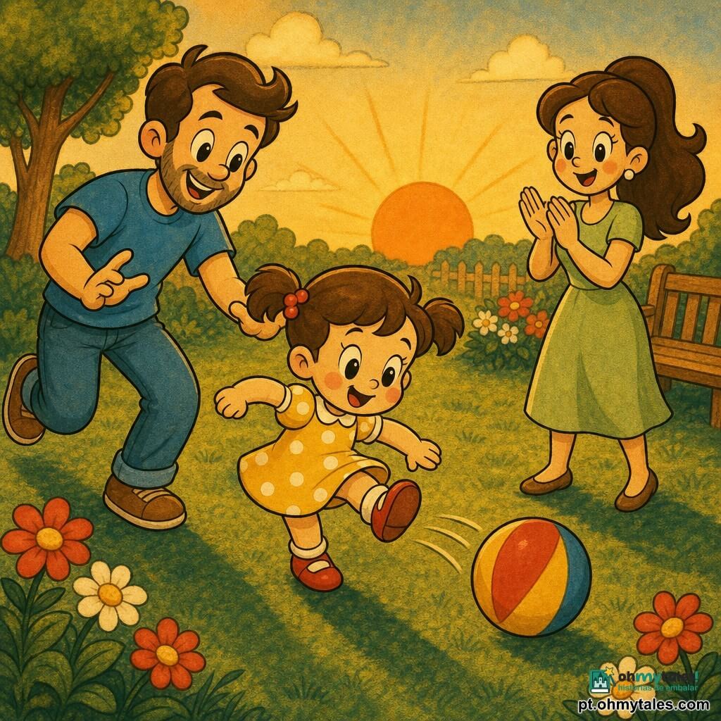 Luna, 2 anos, alegre e sorridente, cabelos curtos castanhos em rabo de cavalo, bochechas rosadas, veste vestido amarelo com bolinhas brancas e sapatinhos vermelhos, chuta uma bola colorida correndo; o pai, ~30 anos, barba rala, camiseta azul e jeans, sorri e corre atrás à esquerda pronto para pegar; a mãe, ~28 anos, cabelo longo em rabo, vestido verde claro, está à direita aplaudindo com olhar encorajador; jardim vivo com relva verde, flores vermelhas e brancas, um banco de madeira e um sol laranja a pôr‑se; cena de brincadeira familiar, bola rolando, ambiente caloroso e dinâmico, sombras longas do pôr-do-sol.