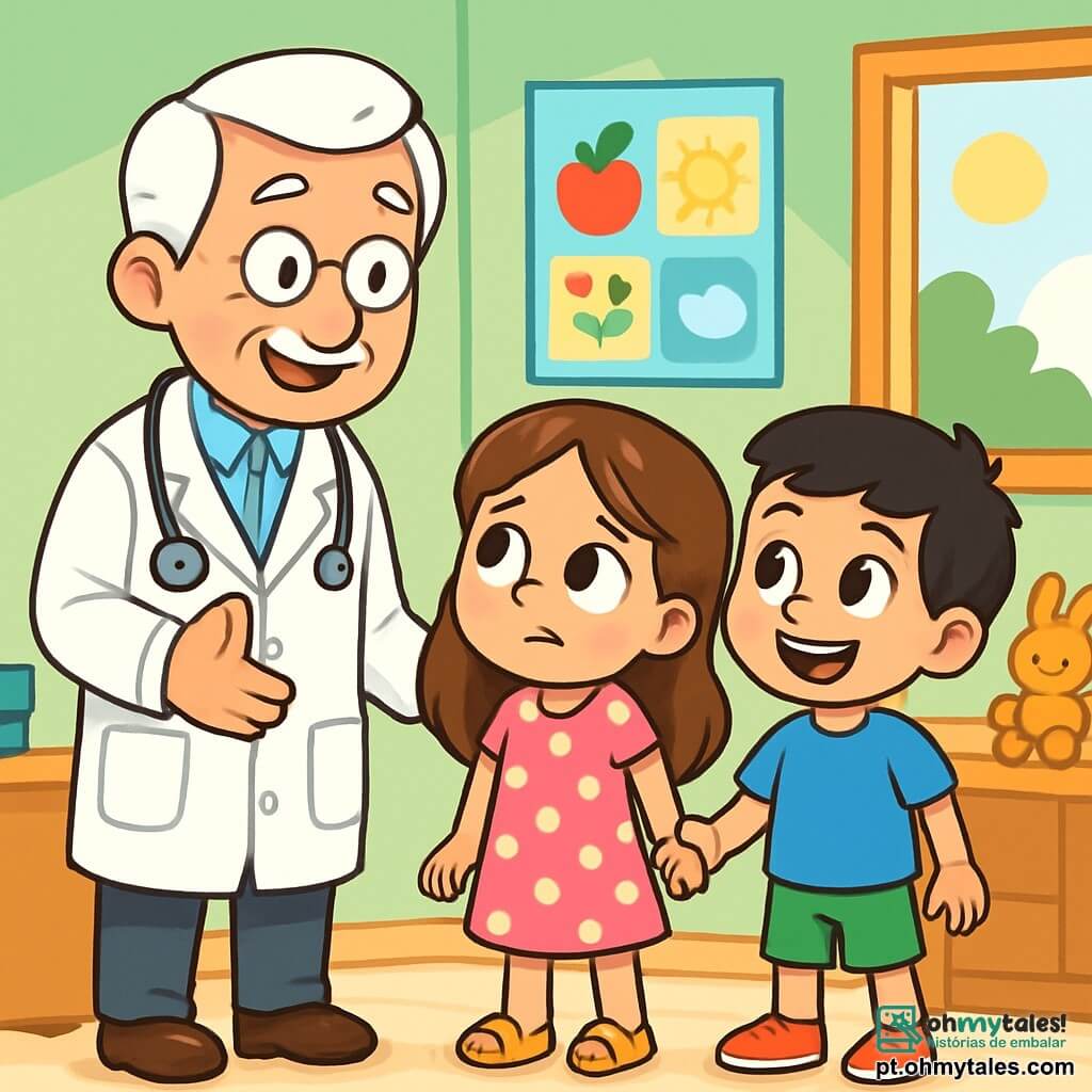 Há 2 personagens principais: - Sofia: uma menina de 7 anos, com cabelos longos e castanhos e olhos brilhantes. Ela usa um vestido rosa com bolinhas brancas e sandálias amarelas. Ela está de pé, um pouco nervosa, segurando a mão de seu amigo. - João: um menino de 7 anos, com cabelos curtos e pretos, vestindo uma camiseta azul e um short verde. Ele sorri com coragem, segurando a mão de Sofia, pronto para enfrentar a situação. O local da situação principal é uma sala de saúde iluminada e acolhedora, com paredes pintadas de verde pastel. Há pôsteres coloridos sobre saúde e bem-estar, uma grande mesa de madeira clara e brinquedos de pelúcia em uma prateleira. Uma janela deixa entrar a luz do sol, iluminando o ambiente. A situação principal da história mostra Sofia e João, um pouco preocupados, mas determinados, enquanto estão diante do Dr. Miguel, um médico sorridente com cabelos brancos, que lhes explica calmamente o que vai acontecer. Sofia olha para o médico com curiosidade, enquanto João, segurando firmemente sua mão, tenta dar-lhe coragem.