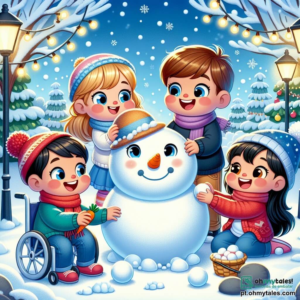 Em um bonito jardim coberto de neve, quatro crianças se divertem construindo um grande boneco de neve. Miguel, um menino de 6 anos com cabelos castanhos e olhos brilhantes, rola uma grande bola de neve no centro do jardim. À sua direita, Lúcia, uma menina de 6 anos com cabelos loiros e uma cadeira de rodas decorada com luzes, sorri alegremente ajudando a moldar o boneco de neve. À esquerda, João, um menino de 6 anos com cabelos castanhos e um gorro vermelho, coloca um nariz de cenoura no boneco. Por fim, Pedro, outro menino de 6 anos com cabelos negros e um cachecol azul, se prepara para colocar pedras como botões, rindo com os amigos. O jardim está cheio de flocos de neve caindo suavemente, árvores com galhos cobertos de neve cercam o espaço e um céu azul claro ilumina a cena. As crianças, unidas pela amizade, estão criando juntas um boneco de neve alegre, símbolo de sua felicidade invernal e espírito de equipe.