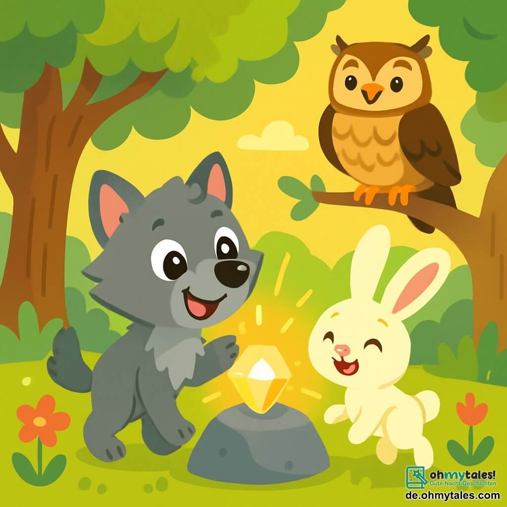 Ein kleiner Wolf mit funkelnden Augen und weichem grauem Fell, der Freude und Aufregung ausstrahlt, steht im Mittelpunkt der Szene und hebt eine Pfote, um einen wunderschönen, glänzenden Stein zu berühren. Neben ihm hüpft ein kleiner Hase mit großen Ohren und seidig-weißem Fell, der ein strahlendes Lächeln zeigt. Im Hintergrund beobachtet eine majestätische Eule mit braunem und goldenem Gefieder, die auf einem Ast sitzt, die Szene mit einem weisen und wohlwollenden Blick. Der Ort ist eine verzauberte Lichtung, umgeben von dicken, blättrigen Bäumen, mit bunten Blumen, die im sanften Wind tanzen. Sonnenlicht filtert durch die Blätter und erzeugt ein Spiel aus schimmernden Schatten und Licht auf dem Boden. Die Hauptsituation zeigt den kleinen Wolf und den Hasen, vereint durch ihre Freundschaft, bereit, den geheimnisvollen Wunsch des magischen Steins zu berühren, der in tausend Farben strahlt und das Abenteuer und die Magie symbolisiert, die sie erwarten.