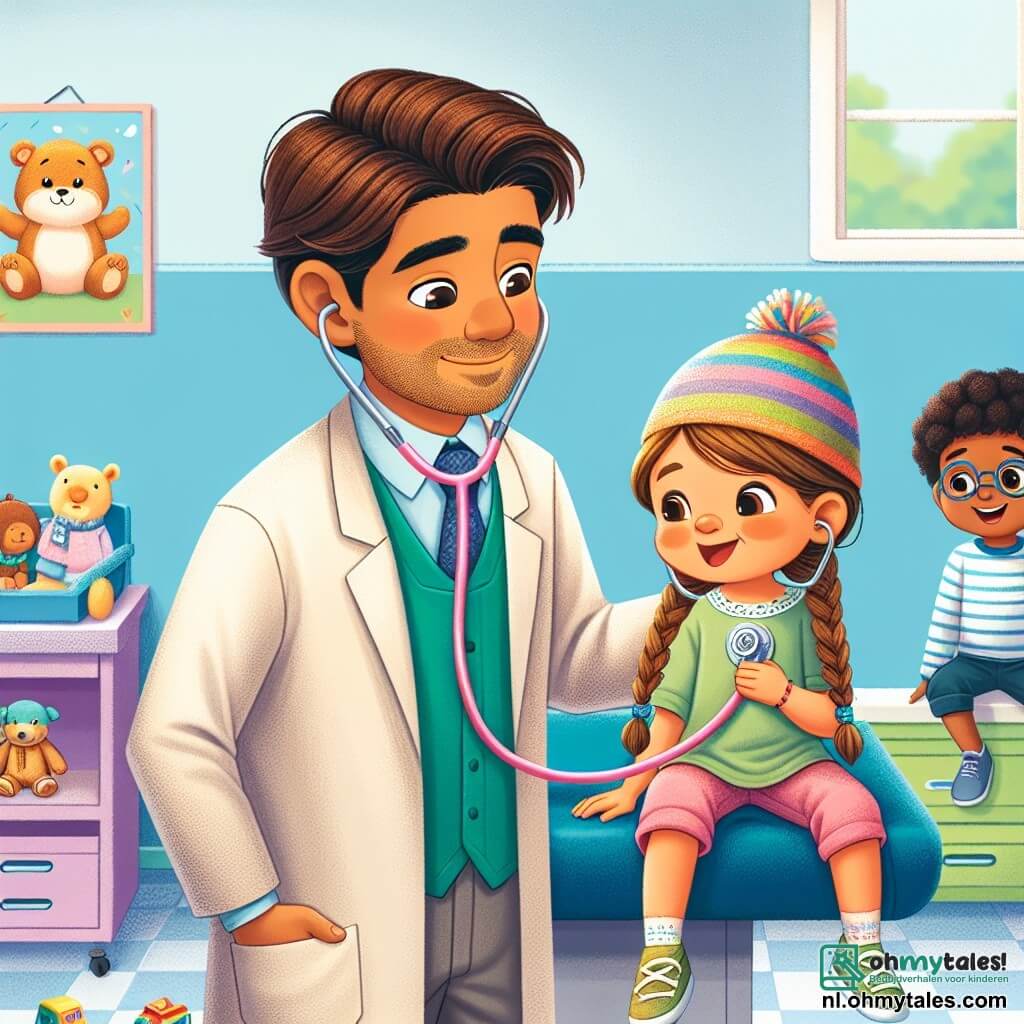Een man, dokter Bob, staat in het midden van het podium met een grote warme glimlach op zijn gezicht. Hij draagt een lichtgroen schort en een grappige gekleurde pet, zijn bruin haar is een beetje rommelig. Hij luistert naar het hart van een klein meisje, Lila, met een stethoscoop, met een uitdrukking van welwillende concentratie. Lila, een 6-jarig meisje, heeft lange blonde vlechten en een blije uitstraling, ondanks een lichte verkoudheid. Ze zit op een onderzoekstafel, met haar benen in de lucht, en houdt een knuffelbeer vast. Naast haar zit Tom, een 7-jarig jongetje met kastanjebruin haar en een bril, die glimlacht terwijl hij naar het grappige verhaal van dokter Bob luistert. De scène speelt zich af in een lichte en kleurrijke ziekenhuiskamer, met pastelblauwe muren en tekeningen van lachende dieren aan de muur. Speelgoed ligt verspreid over de vloer, en een raam laat zonlicht binnen dat de kamer verlicht. Dokter Bob onderzoekt Lila terwijl hij haar een leuk verhaal vertelt om haar gerust te stellen, waardoor er een vrolijke en troostende sfeer in het ziekenhuis ontstaat.