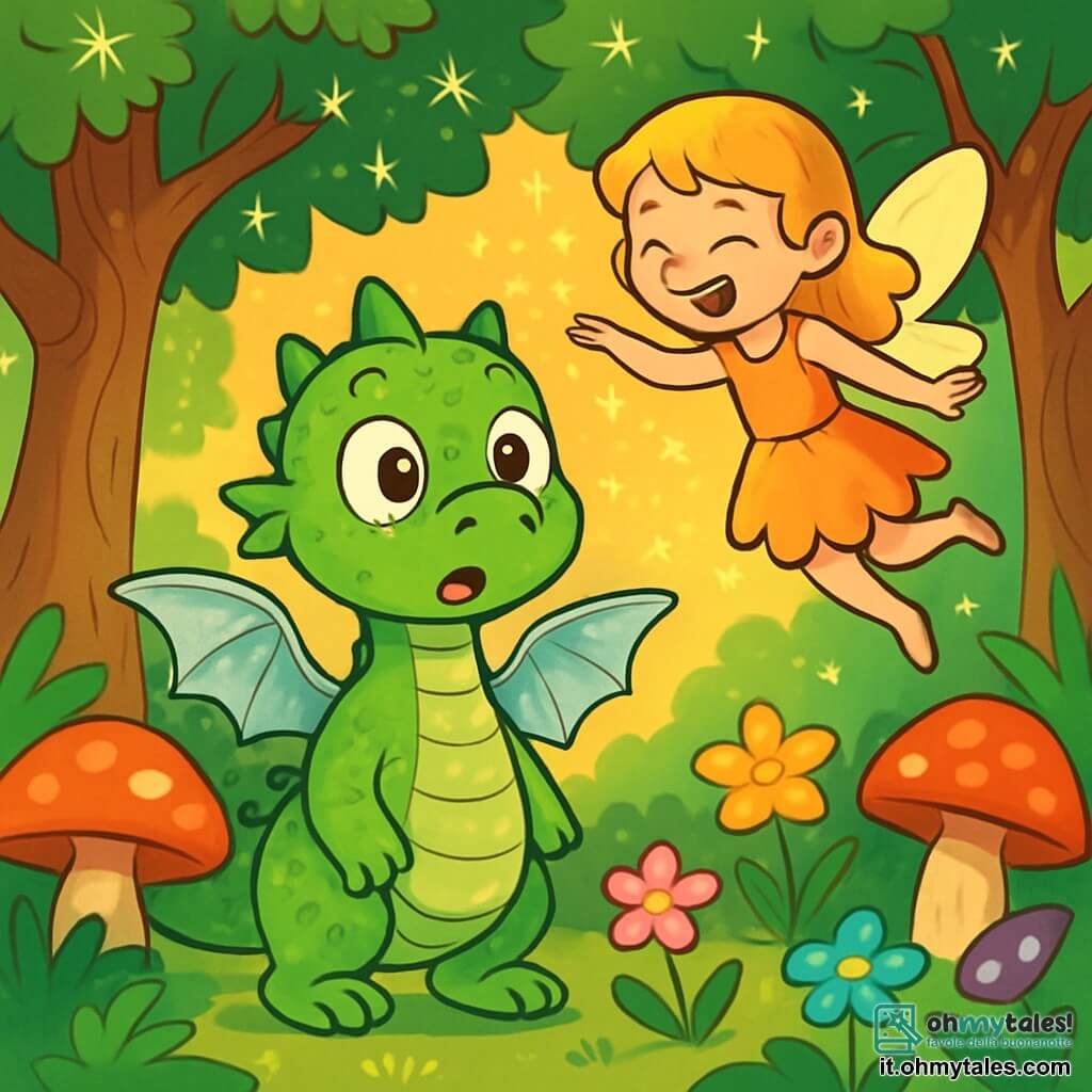 Un piccolo drago di nome Dragoletto, con squame verdi scintillanti e grandi occhi curiosi, si trova al centro della scena, con un'espressione sorpresa e meravigliata. Le sue piccole ali d'argento brillano sotto la luce del sole che filtra tra gli alberi. Accanto a lui, una fatina dispettosa, una bambina di circa 8 anni, con capelli dorati e un vestito fatto di petali di fiori, vola gioiosamente, ridendo mentre lancia scintille magiche intorno a loro. La scena si svolge nella Foresta Incantata, dove alberi giganti con tronchi nodosi si ergono verso il cielo, le cui foglie brillano come stelle. Fiori colorati e funghi giganti punteggiano il terreno, creando un paesaggio incantevole e vibrante. Dragoletto, perplesso e felice, cerca di capire il suo nuovo corpo mentre gioca con la fatina, che lo incoraggia a esplorare questo mondo magico.