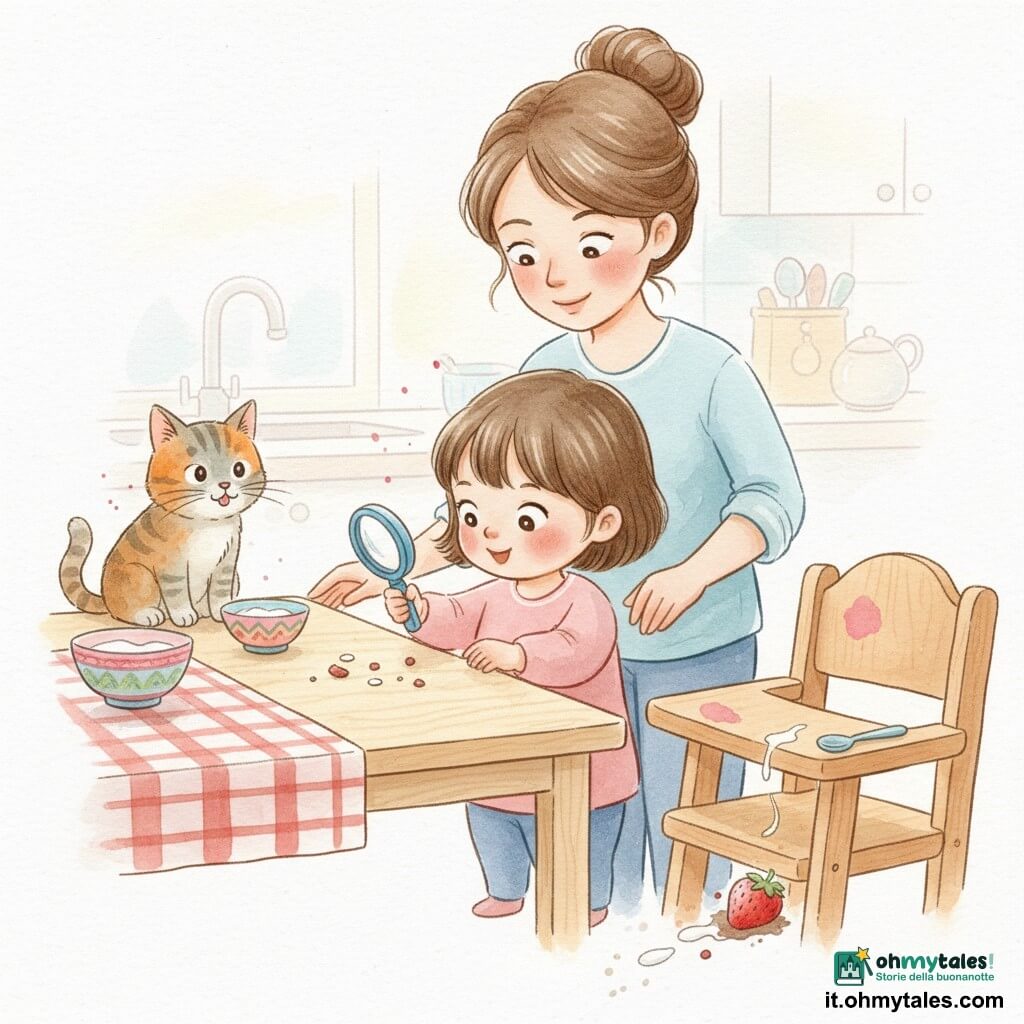Bambina di 2 anni, gioiosa e concentrata, capelli castani corti a ciuffo, con una piccola lente di plastica blu osserva briciole sul tavolo mentre alle sue spalle la mamma di circa 30 anni, sorridente e dolce con i capelli raccolti in uno chignon, la sorregge con una mano sul piano; accanto c'è il gatto tigrato Tano, pelo rossastro e grigio, che si lecca i baffi sul bordo del tavolo vicino a una ciotola; cucina luminosa, tavolo in legno chiaro con tovaglia a quadri rossi, ciotole colorate e a destra un seggiolone in legno con una piccola macchia rosa e posate; una traccia di gocce di yogurt bianco e briciole rosse conduce a una fragola parzialmente sporca sotto il seggiolone; atmosfera dolce, colori pastello e texture acquerello con leggere schizzi intorno alle briciole e alla fragola.