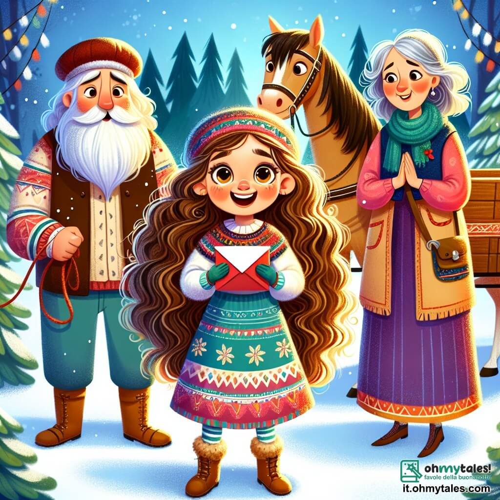Una bambina di 5 anni, di nome Emma, con lunghi capelli ricci e occhi scintillanti, è al centro dell'immagine, con un grande sorriso che illumina il suo volto. Tiene una lettera rossa tra le mani, piena di eccitazione e determinazione, pronta a consegnarla a Babbo Natale. Accanto a lei c'è la signora Rosa, una donna di una cinquantina d'anni con capelli grigi e un sorriso caloroso, che guarda Emma con orgoglio. Un po' più in là, il signor Bianchi, un uomo anziano con la barba bianca, è seduto su una slitta di legno, sorridendo mentre osserva Emma e la signora Rosa. Lo sfondo è un paesaggio invernale incantevole, con fiocchi di neve che cadono dolcemente e il laboratorio di Babbo Natale illuminato. Emma, piena di gioia e speranza, è pronta a consegnare la lettera, mentre la signora Rosa e il signor Bianchi la incoraggiano in questa avventura natalizia.