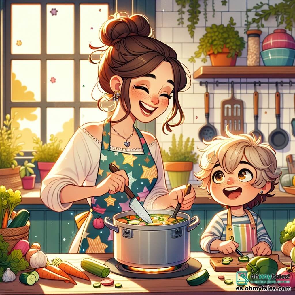 La chef Clara es una mujer de unos treinta años, con largos cabellos castaños recogidos en un moño desordenado. Lleva un delantal colorido decorado con motivos de verduras y muestra una gran sonrisa, expresando su alegría y creatividad mientras corta verduras en forma de estrellas. A su lado, Lucas, un niño de 8 años con cabello rubio y ojos brillantes, observa con asombro. Lleva un pequeño delantal y sostiene un cuchillo de plástico, listo para ayudarla a cortar verduras. La escena tiene lugar en una cocina luminosa, llena de utensilios coloridos, macetas de hierbas frescas y verduras frescas dispuestas sobre una gran mesa de madera. Rayos de sol atraviesan la ventana, iluminando el espacio y creando un ambiente cálido y acogedor. La situación principal muestra a Clara y Lucas preparando una sopa mágica, con estrellas de verduras flotando en una gran olla, mientras ríen y comparten ideas, creando juntos un plato que maravillará al mundo.
