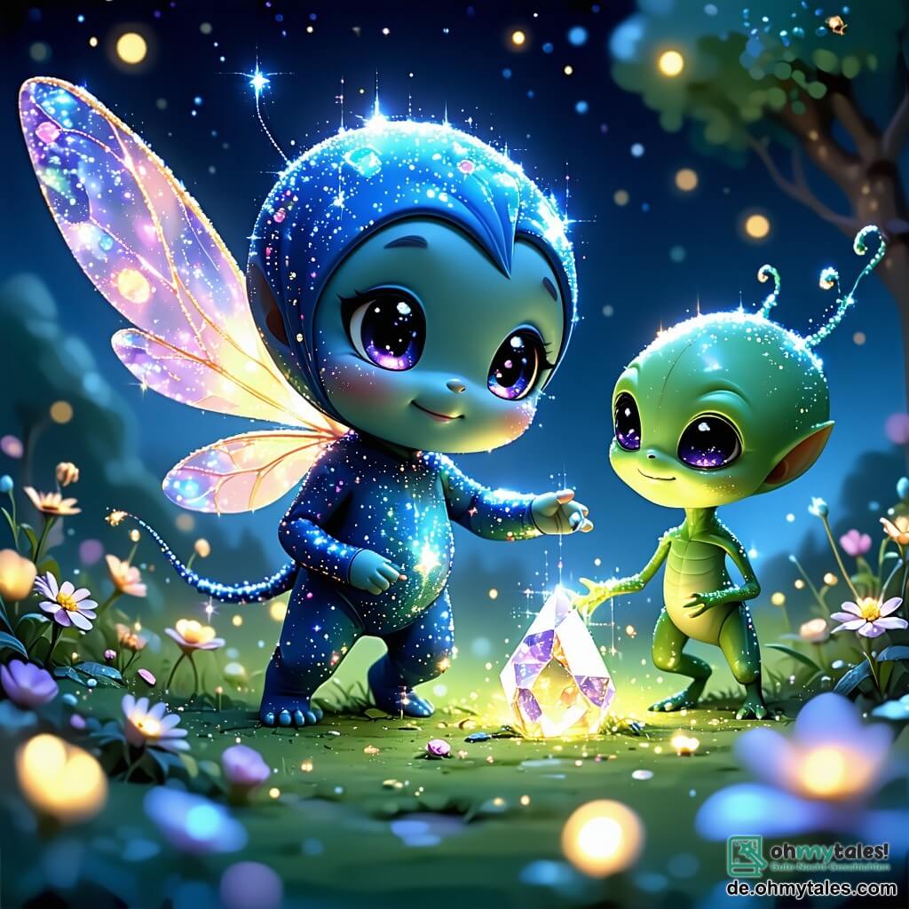 Lumo, ein kleiner Glimmie mit großen runden Augen und schimmernder Haut in Blau- und Violetttönen, fliegt fröhlich über eine leuchtende Wiese, ein staunendes Lächeln auf seinem Gesicht. Seine kleinen Flügel glitzern im Sternenlicht, während er auf einen funkelnden Kristall zielt, den er aufgeregt hält. Zog, ein grüner Außerirdischer mit schimmernden Tentakeln, steht neben Lumo und zeigt einen freundlichen und neugierigen Ausdruck. Er ist etwas größer als Lumo und betrachtet den Kristall fasziniert, während seine Tentakeln sanft in der Luft wehen. Der Ort ist eine magische Wiese in Glimmeria, übersät mit leuchtenden Blumen in lebhaften Farben, unter einem sternenübersäten Himmel, wo funkelnde Sterne tanzen. Der Boden ist mit weichem, glänzendem Gras bedeckt, und ein funkelnder blauer See spiegelt die Sterne wider und schafft eine märchenhafte Atmosphäre. Die Hauptsituation zeigt Lumo und Zog, die gemeinsam die Kraft des magischen Kristalls entdecken, was ihre Gesichter mit einem sanften, warmen Licht erleuchtet und ihre neue intergalaktische Freundschaft symbolisiert.