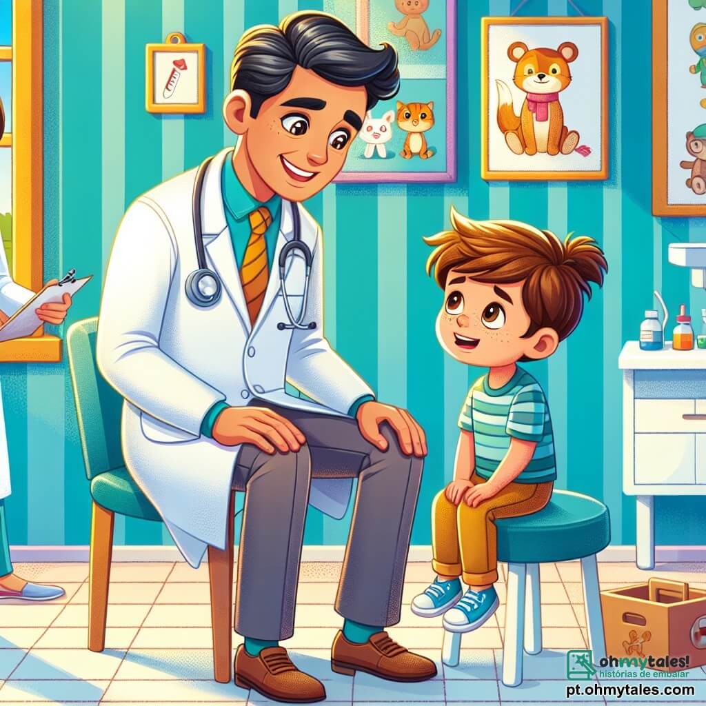 Um homem, o doutor Pedro, com um grande sorriso caloroso e olhos brilhantes de bondade, veste um jaleco branco impecável. Ele está inclinado com atenção para um menino, Lucas, que tem cerca de dez anos, cabelos castanhos bagunçados e um rosto preocupado, sentado em uma cadeira no consultório médico. Ao lado deles, Matilde, uma enfermeira sorridente de cerca de trinta anos, com cabelos castanhos presos em um coque, segura uma caixa de material médico, pronta para ajudar. O local é uma clínica colorida, com paredes pintadas de azul claro e desenhos de animais alegres pendurados nas paredes. Brinquedos de madeira estão espalhados pelo chão, e uma grande janela deixa entrar a luz do sol, criando uma atmosfera calorosa e acolhedora. A situação principal mostra o doutor Pedro explicando calmamente a Lucas, que parece um pouco nervoso, que o pequeno exame que ele vai fazer é importante para sua saúde. Os dois personagens estão cercados por uma atmosfera de empatia e reassurance, ilustrando o vínculo de confiança entre o médico e seu jovem paciente.