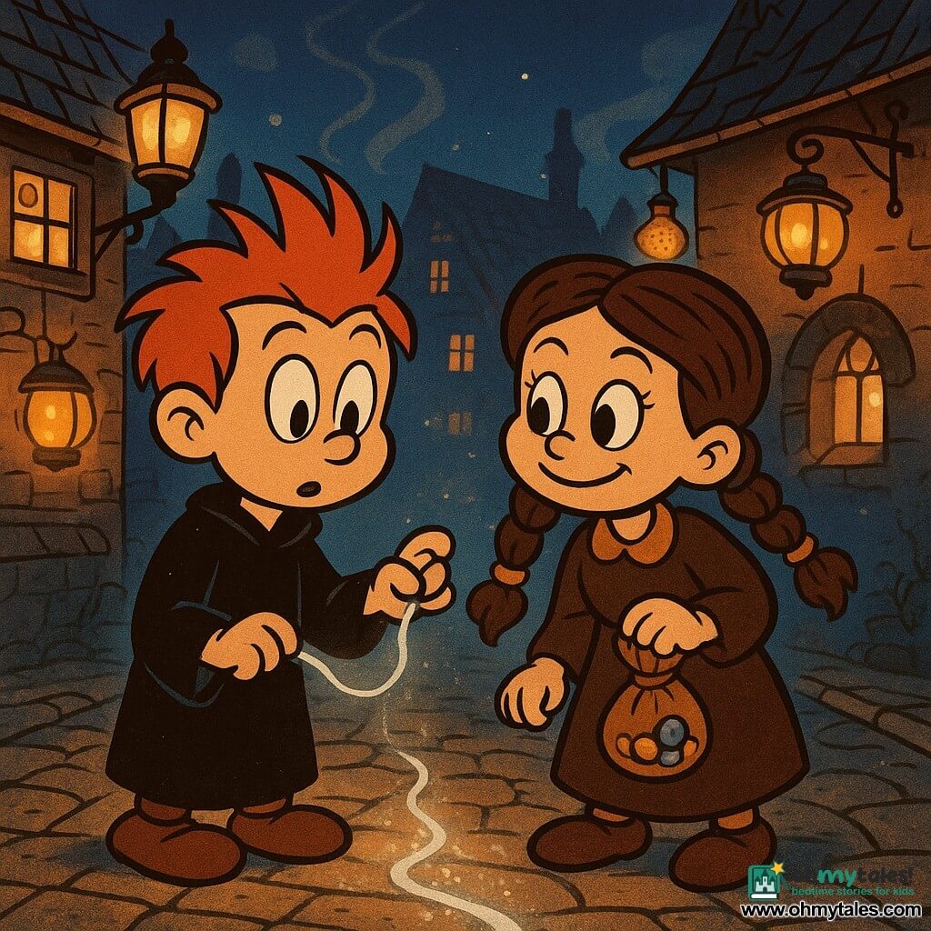 A young wizard, Rowan Finch, with hair as red as a rooster's comb and curious eyes, stands in the middle of a cobblestone street. He looks focused and holds a shiny silver thread between his fingers. Beside him, Tilda Marrow, a 17-year-old girl with braided hair adorned with small bells, smiles mischievously while holding a small bag of marbles. They are on a stone bridge, surrounded by twinkling lanterns hanging from the houses. The scene takes place during the lantern night in Brindleford, with slate-roofed houses and jars of fireflies hanging from the eaves. The atmosphere is magical and bright, with reflections of orange and willow smoke in the air. Rowan and Tilda are discovering a silver path opening between the cobblestones, revealing a secret passage.