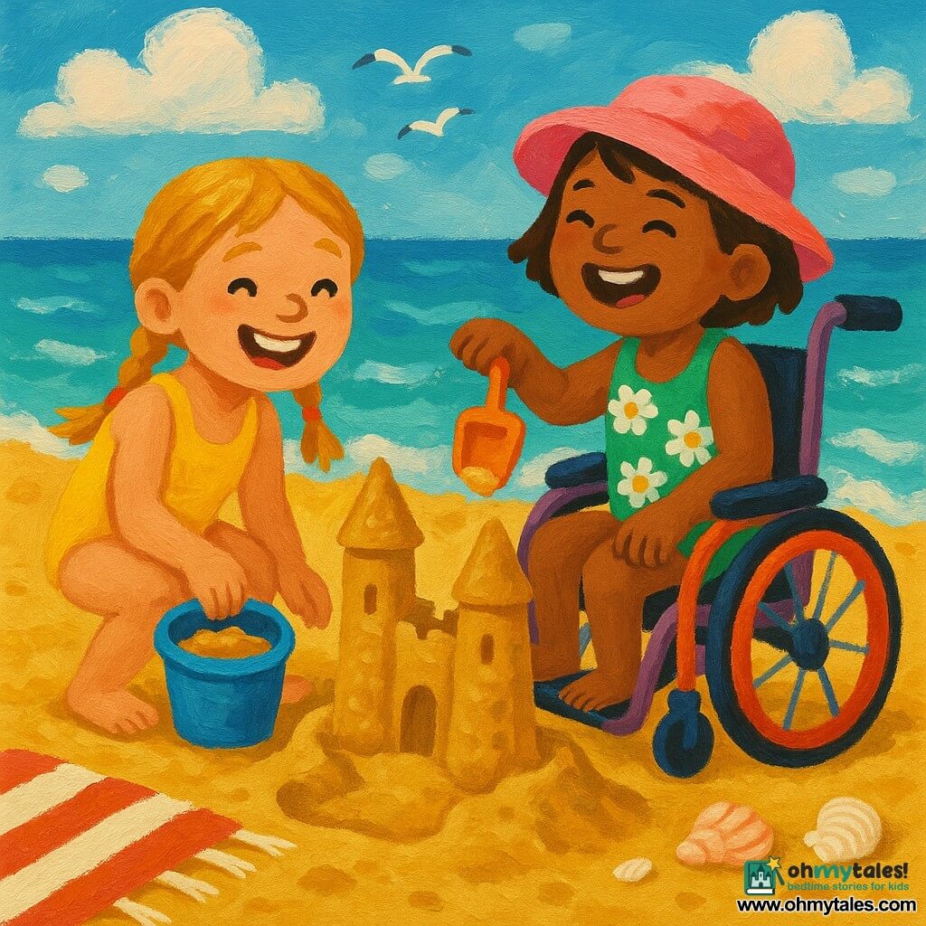 Two 7-year-old girls build a large sandcastle with two towers and a small moat on a golden sandy beach: on the left a blonde girl with long hair in two braids, wearing a bright yellow swimsuit, crouches to set down a small blue bucket full of sand; on the right a short-chestnut-haired girl in a colorful wheelchair, wearing a pink hat and a green swimsuit with white daisy patterns, laughs as she uses a small orange shovel to shape a tower. Turquoise water with small white waves, a light blue sky with a few fluffy clouds and two seagulls, some pearly shells and a red-and-white striped towel lie nearby; the scene is bright, summery and joyful with vivid colors and visible acrylic paint textures.