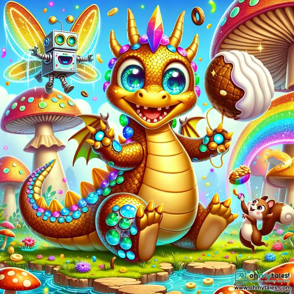 Zibble, a dragon with shimmering scales like disco balls and wings shaped like golden toast, smiles joyfully while holding a large marshmallow in his claws. His eyes sparkle with excitement as he prepares to share treats with his friends. Nutty-Bot, a mechanical squirrel with glowing eyes and a shiny metal body, dances around Zibble, displaying a happy and enthusiastic expression while juggling enchanted acorns that float around him. Their environment is the beautiful Mushroom Pond, where giant, brightly colored mushrooms grow like rainbows, and tiny sparkling fairies fly, leaving trails of glitter in the air. The scene depicts Zibble and Nutty-Bot celebrating the launch of a new project, surrounded by magical creatures laughing and dancing, creating a festive and joyful atmosphere.