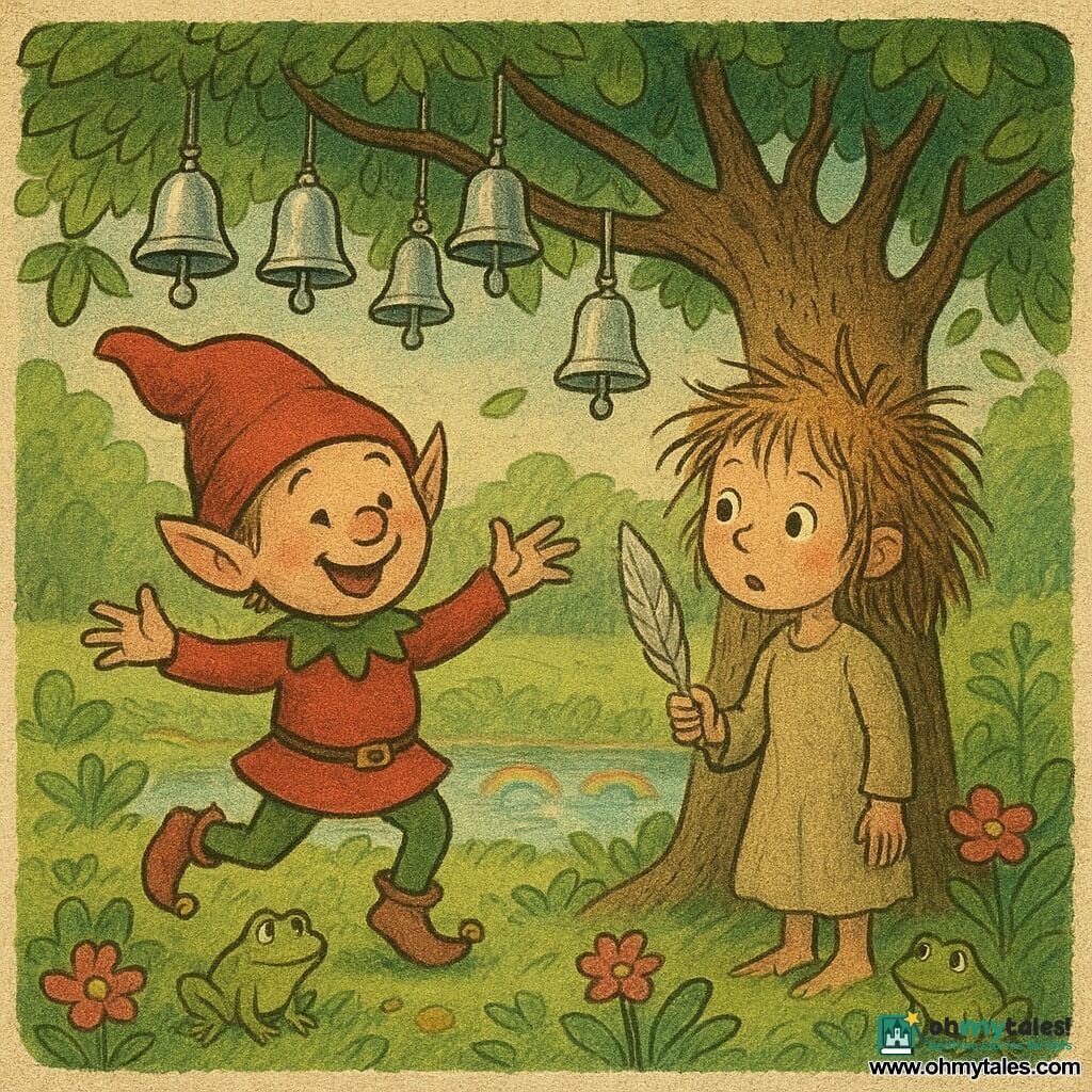 A joyful, small-sized elf wearing a cherry-colored hat and shoes with bells is dancing happily under a large tree with branches full of glass bells. A 7-year-old girl with hair like a nest of twigs watches in wonder. She holds a silver feather in her hand, standing near the tree trunk. The garden is bathed in morning light, with round green leaves and a pond reflecting miniature rainbows. The main scene shows the elf and the little girl discovering the magical feather that makes the tree sing, surrounded by flowers leaning towards them and frogs that seem to tell silent jokes.