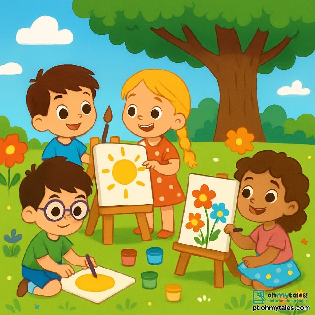 Há 4 crianças: João, um menino de 6 anos com cabelo castanho e olhos brilhantes, usa uma camiseta azul e um short amarelo, segurando um pincel e olhando entusiasmado para uma tela em branco. Maria, uma menina de 5 anos com longos cabelos loiros trançados e um sorriso radiante, veste um vestido vermelho com bolinhas brancas e pinta um grande sol na sua tela, ao lado de João. Lucas, um menino de 7 anos com cabelo negro bagunçado e óculos, está sentado no chão, desenhando um círculo amarelo com grande concentração, vestindo uma camiseta verde e um short azul. Inês, uma menina de 4 anos com cabelo cacheado e olhos brilhantes, usa uma camiseta rosa e uma saia florida, pintando flores coloridas na sua tela, sentada em frente a João e Maria. O cenário é um campo verde sob um céu azul claro com algumas nuvens brancas. Grandes flores coloridas crescem ao redor das crianças, e uma grande árvore oferece sombra ao fundo. Eles estão pintando alegremente, cercados de risos e boa disposição, com pincéis e tintas espalhados ao redor, enquanto os raios de sol iluminam seus rostos felizes, criando uma atmosfera estival alegre e criativa.