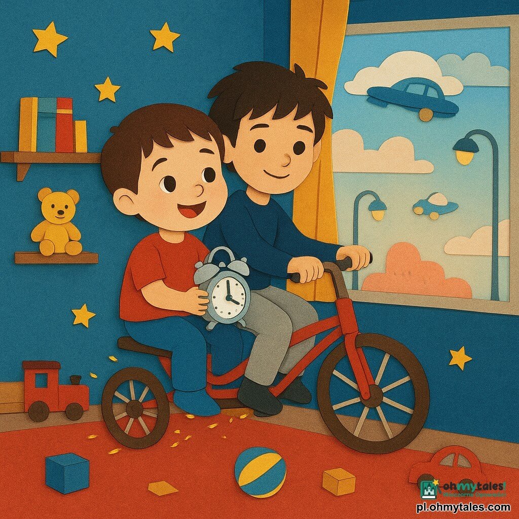 Antek, 4 lata, uśmiechnięty i zaciekawiony, krótkie brązowe włosy, trzyma migający srebrny budzik i siedzi na mini latającym rowerku; obok Miki, ok. 6 lat, pewny i łagodny, rozczochrane czarne włosy, w srebrnych spodniach, prowadzi rowerek trzymając świecący kierownicę; Marysia nieobecna; kolorowy pokój z niebieskimi ścianami i naklejonymi gwiazdkami, drewniane półki, czerwony dywan i otwarte okno ukazujące pastelowe niebo z latającymi samochodami i unoszącymi się latarniami; scena: Antek i Miki powoli lecą nad dywanem, rowerek iskrzy złotymi drobinkami, porozrzucane papierowe zabawki, miękkie światło, radosna i bezpieczna atmosfera.