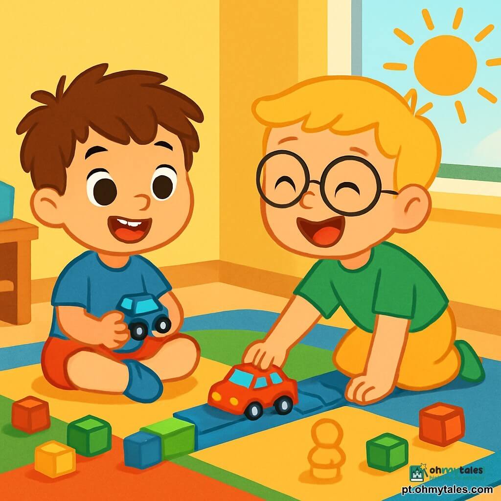 Há 2 personagens principais: Tomás: Um garoto de 5 anos, com cabelo castanho bagunçado e olhos brilhantes. Ele usa uma camiseta azul e um short vermelho. Ele está sentado em um tapete macio, segurando um carrinho azul nas mãos. João: Um garoto de 5 anos, com cabelo loiro e óculos redondos. Ele usa uma camiseta verde e uma calça amarela. Ele está ao lado de Tomás, rindo e empurrando um carrinho vermelho sobre o tapete. O local da situação principal é uma sala de jogos iluminada, com um tapete colorido e paredes pintadas de amarelo. Blocos de construção estão espalhados ao redor deles, e um grande sol brilha através de uma janela, iluminando o ambiente. A situação principal da história mostra Tomás e João brincando juntos, trocando seus carrinhos e rindo alegremente. Eles constroem uma estrada com os blocos, enquanto um boneco de plástico aguarda ser movido. A atmosfera é cheia de felicidade e amizade.