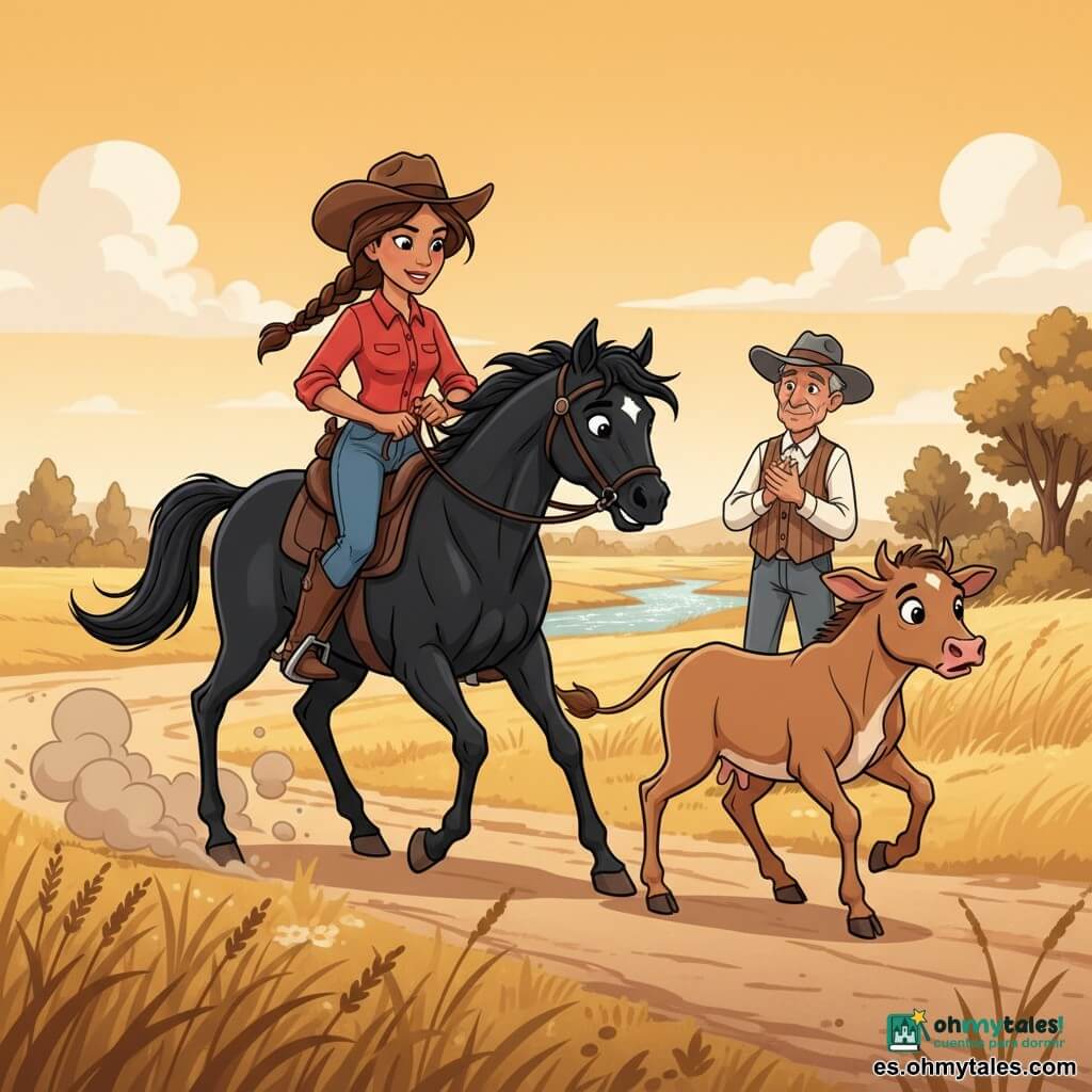 Alma, vaquera de unos 25 años, sonriente y decidida, pelo castaño en trenza, sombrero marrón, camisa roja y botas de cuero, monta un potro negro llamado Trueno y guía la brida con la mano derecha; Trueno, potro negro con pequeña estrella blanca en la frente y crin al viento, galopa y se detiene ante una ternera castaña clara que, asustada, corre hacia el borde de un bosquete; el señor Tomás, hombre de unos 60 años con rostro arrugado, sombrero gris y chaleco, aplaude suavemente desde atrás a la derecha; escenario: amplia pradera dorada al sol, hierbas altas movidas por el viento, camino polvoriento con nube de polvo, algunos árboles y un arroyo al fondo; escena principal: Alma y Trueno bloquean suavemente a la ternera en el borde del camino en una acción heroica y serena, composición centrada, colores cálidos y contrastes marcados, estilo cartoon de los 90 con trazos claros y expresiones exageradas para niños.
