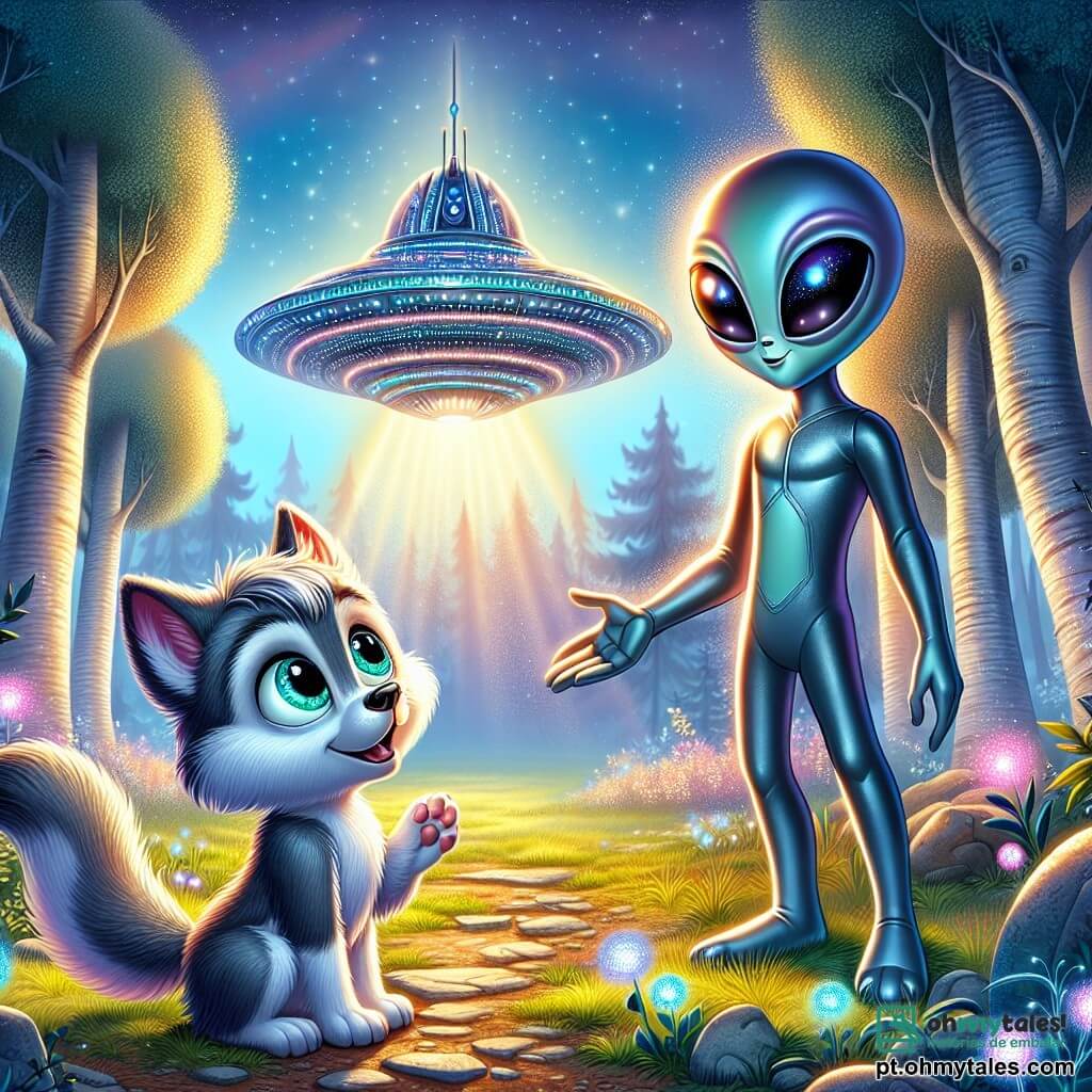 Lupinho, um pequeno lobo de pelos prateados e olhos curiosos, está no centro de uma clareira iluminada pela suave luz da manhã. Ele tem uma expressão maravilhada e entusiasmada ao olhar para uma magnífica nave extraterrestre prateada, que brilha sob o sol. Ao seu lado, Zarlon, um extraterrestre alto e esguio com pele colorida que muda de tonalidade, sorri calorosamente. Seus grandes olhos redondos expressam uma amizade sincera, e ele estende a mão para Lupinho, convidando-o a entrar na nave. O cenário é encantador: árvores com troncos brilhantes cercam a clareira, e flores luminosas dançam ao vento, criando uma atmosfera mágica. Lupinho hesita entre a excitação da aventura e a apreensão do desconhecido, enquanto se prepara para entrar na nave e iniciar sua incrível jornada intergaláctica.
