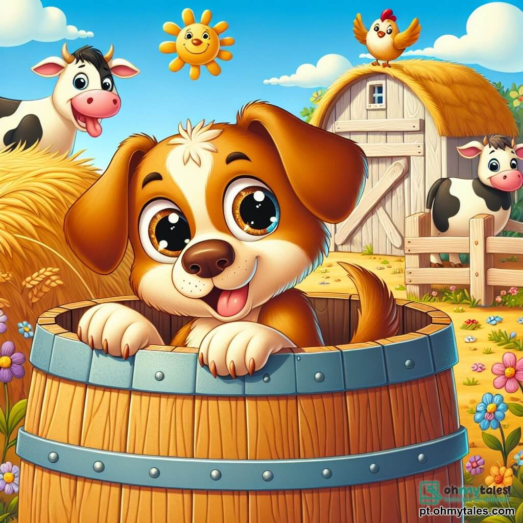 Um cachorro chamado Pipo, com pelagem marrom claro e olhos brilhantes de curiosidade, se esconde alegremente atrás de um grande barril de madeira em um encantador jardim de fazenda. Ele tem uma expressão travessa, pronto para surpreender seus amigos. Próximo a ele, Matilde, uma vaca branca com manchas pretas, está perto de uma pilha de feno, rindo suavemente enquanto espera encontrar Pipo. Lola, uma pequena galinha de penas douradas, está empoleirada em um cocho de madeira, olhando ao redor com um sorriso travesso. O cenário é repleto de flores coloridas, um céu azul claro e um sol radiante, criando uma atmosfera alegre e divertida. A cena mostra Pipo saindo de seu esconderijo, pronto para fazer seus amigos rirem em um divertido jogo de esconde-esconde.